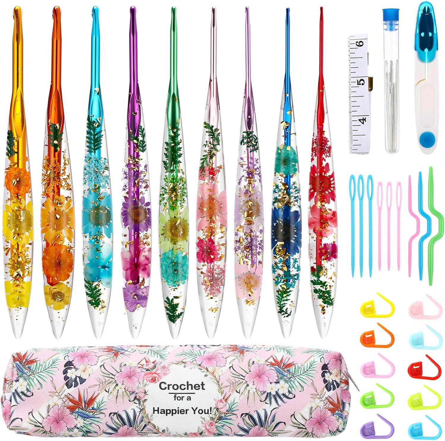 Riceshoot 9 Pcs Crochet Hook Set, 2.0mm-6.0mm Ergonomic Crochet Hooks with Long Floral Handle for Beginners Crocheting Lovers, Includes Storage Bag and Other Accessories