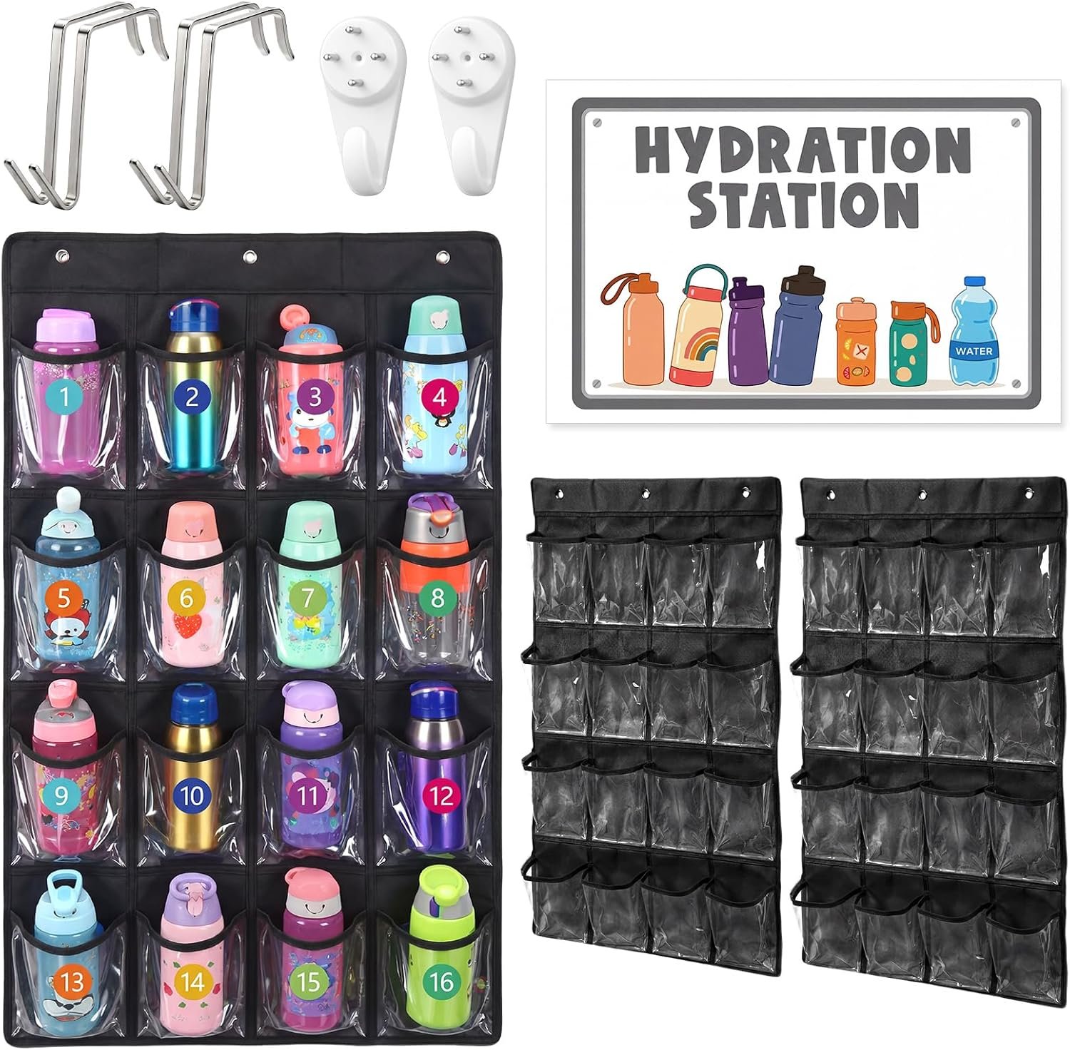 AmazingSpark 2 Pcs Water Bottle Organizer for Classroom 32 Holders over the Door Storage Rack for Cup and Various Sizes with Hydration Station Sign Sticker(PVC,Classic,Black)