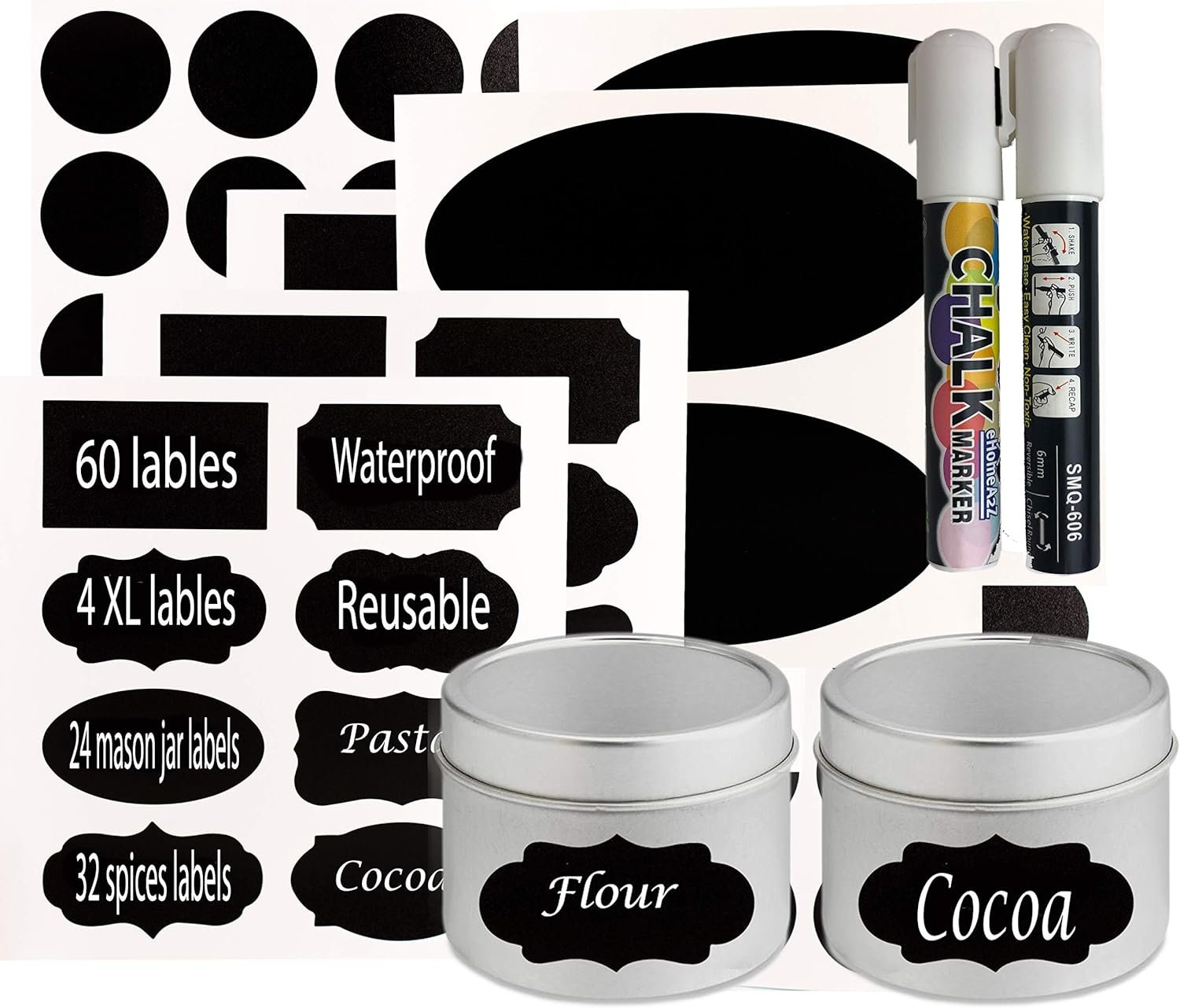 Chalkboard Jar Labels for Canning Mason Jars Premium Reusable Stickers Glass Chalk + 2 Large Erasable Markers (60 Labels)
