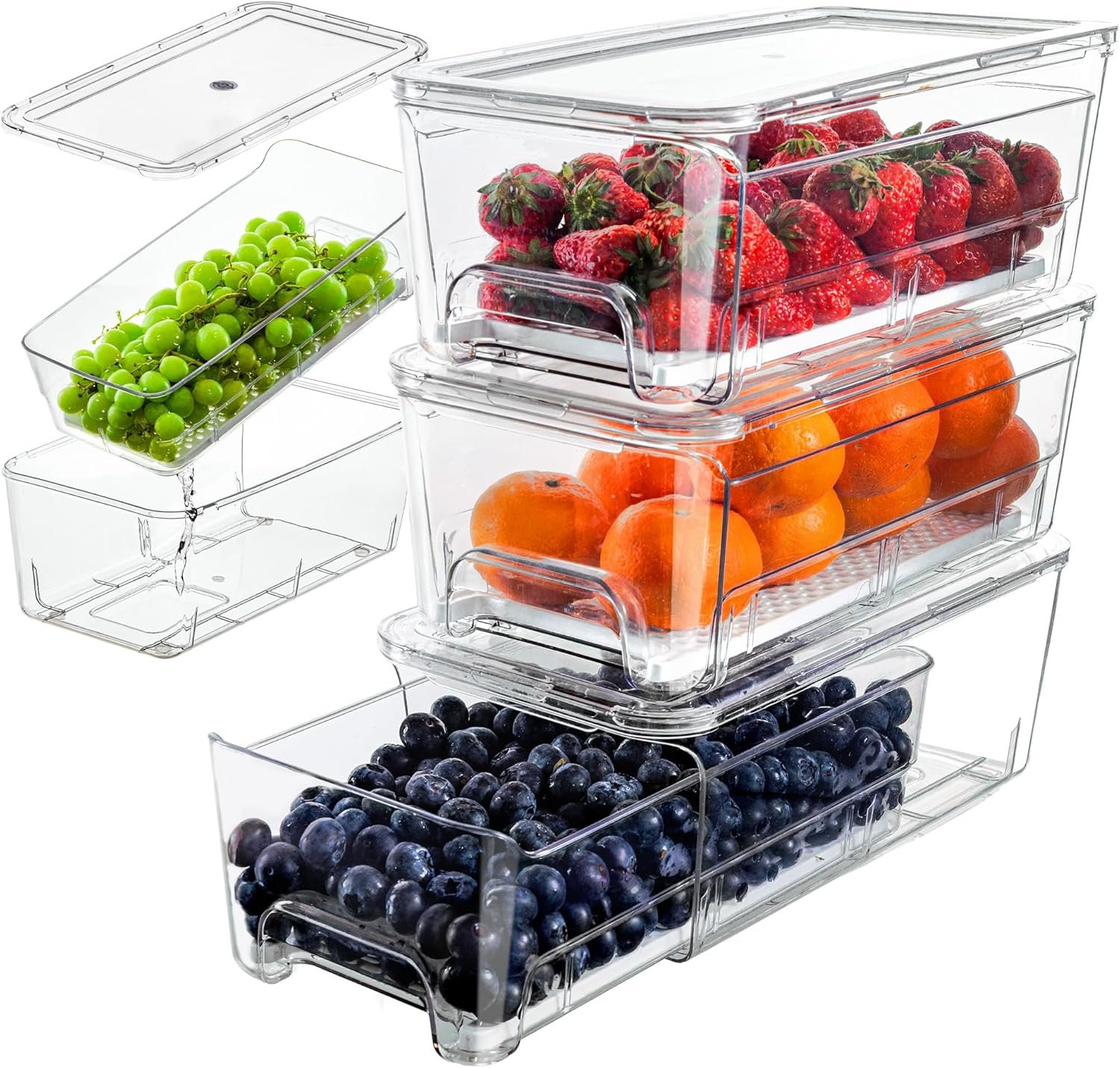 4-Pack Stackable Fruit Storage Containers for Fridge, Clear Pull-Out Drawer Organizer Bins with Lids & Drain Tray, Keep Fresh, Removable Refrigerator Container for Berry, Veggie, Drinks, Food
