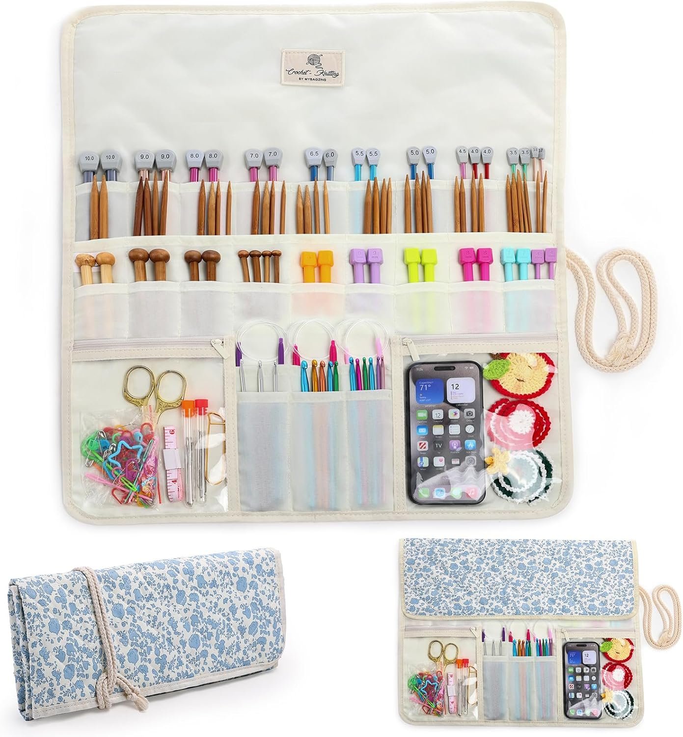 MYBAGZING Knitting Needle Organizer Case Up to 14”, Rolling Storage for Straight & Circular Knitting Needles, Crochet Hook Organizer Bag, Knitting Notions Case, Foldable Travel Needle Holder(BAG ONLY)