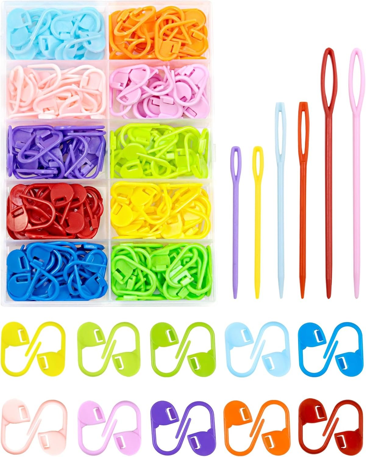 FIVEIZERO 200 Pcs Stitch Markers – 10 Color Knitting & Crochet Markers with Clip, Sewing Needles, Plastic Eyelets for DIY & Craft Sewing