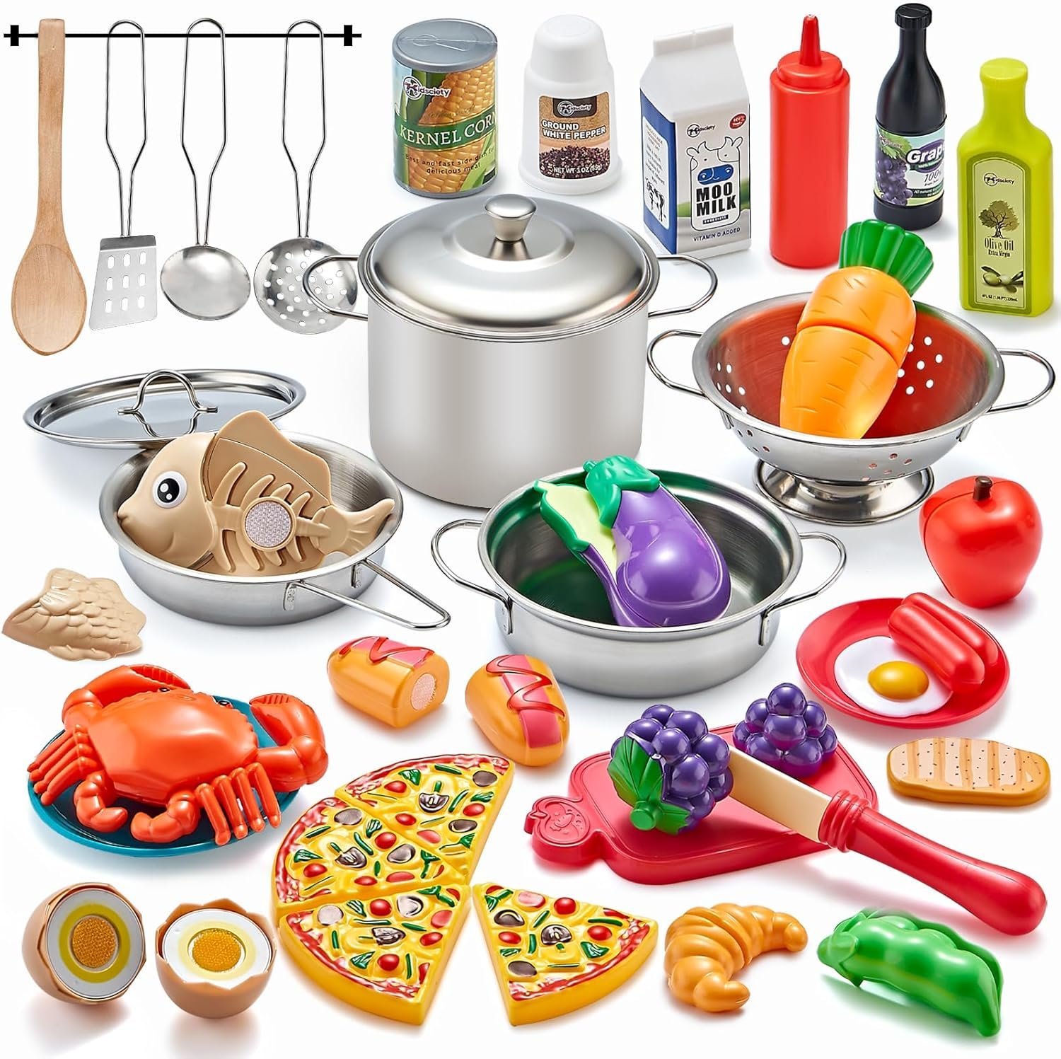 Kidsciety Pretend Play Accessories – 52pc Kids Kitchen Playset with Play Food, Stainless Steel Cookware, Toys Pots and Pans, Toddler Kitchen Set with Cuttable Toy Food – Boys and Girls Gift