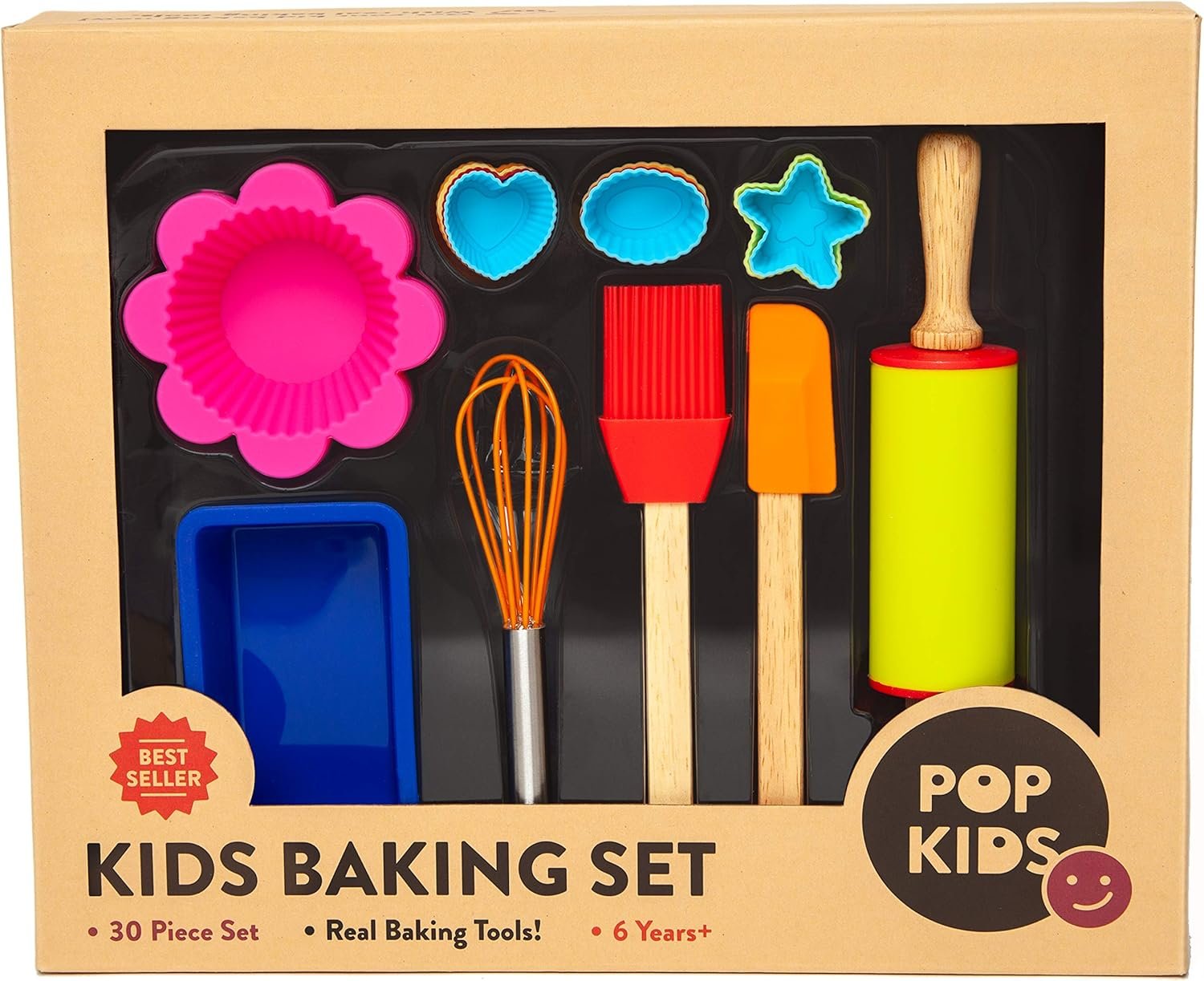Pop Kid’s 30-Piece Real Baking Tools For Kids Sized Cooking Bakeware Set with Silicone Cupcake Molds, Spatula, Whisk, Rolling Pin, Cake Pan for Learning Real Cooking and Baking tools, Child Gift