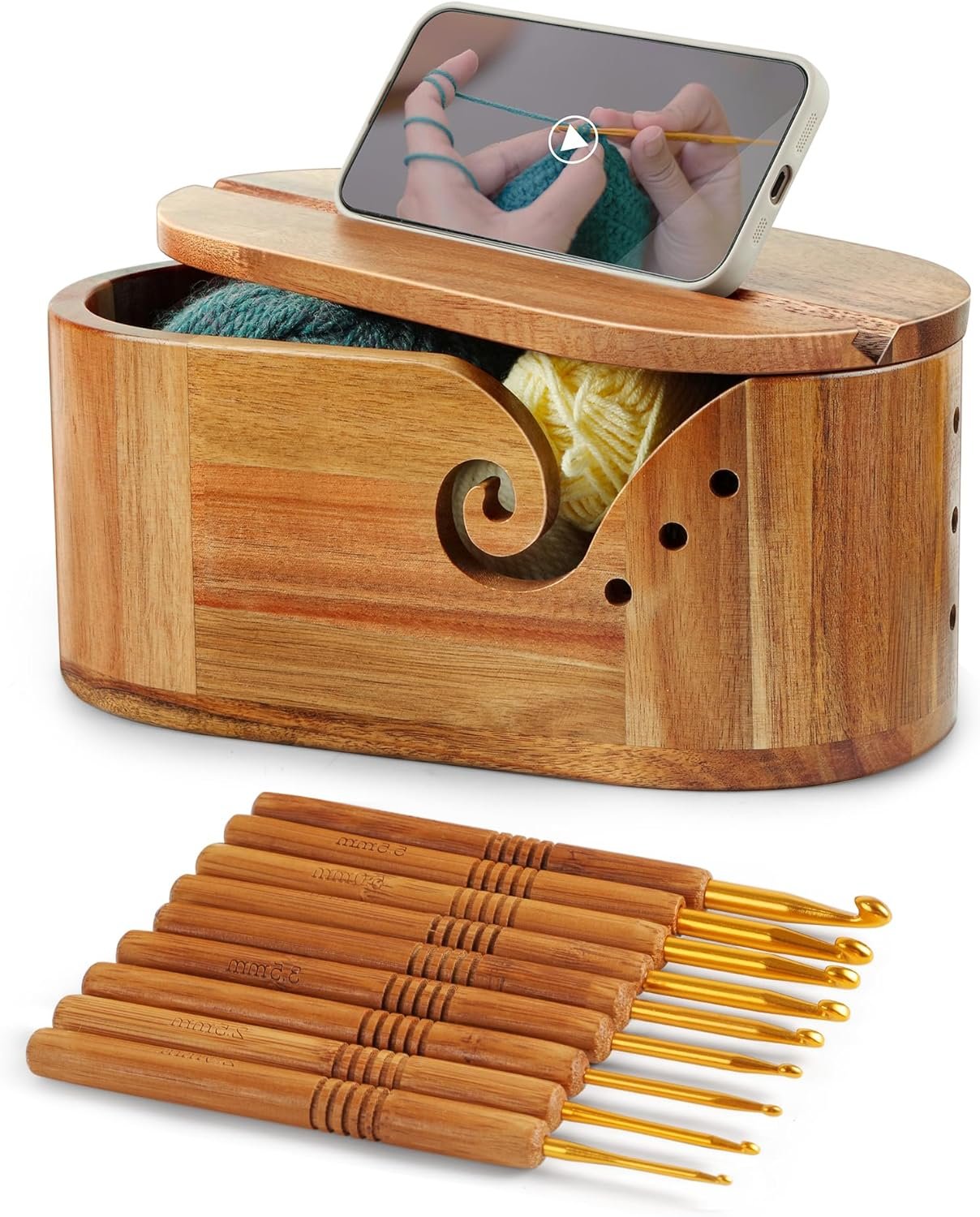 Oval Yarn Bowl, Crochet Yarn Holder with 9pcs Knitting Hooks, Yarn Storage Crochet Bowl Knitting Gift for Crocheters, Large Yarn Bowl Acacia Wooden 11.3×5.9×4.7inch (Acacia Yarn Bowl with Lid)