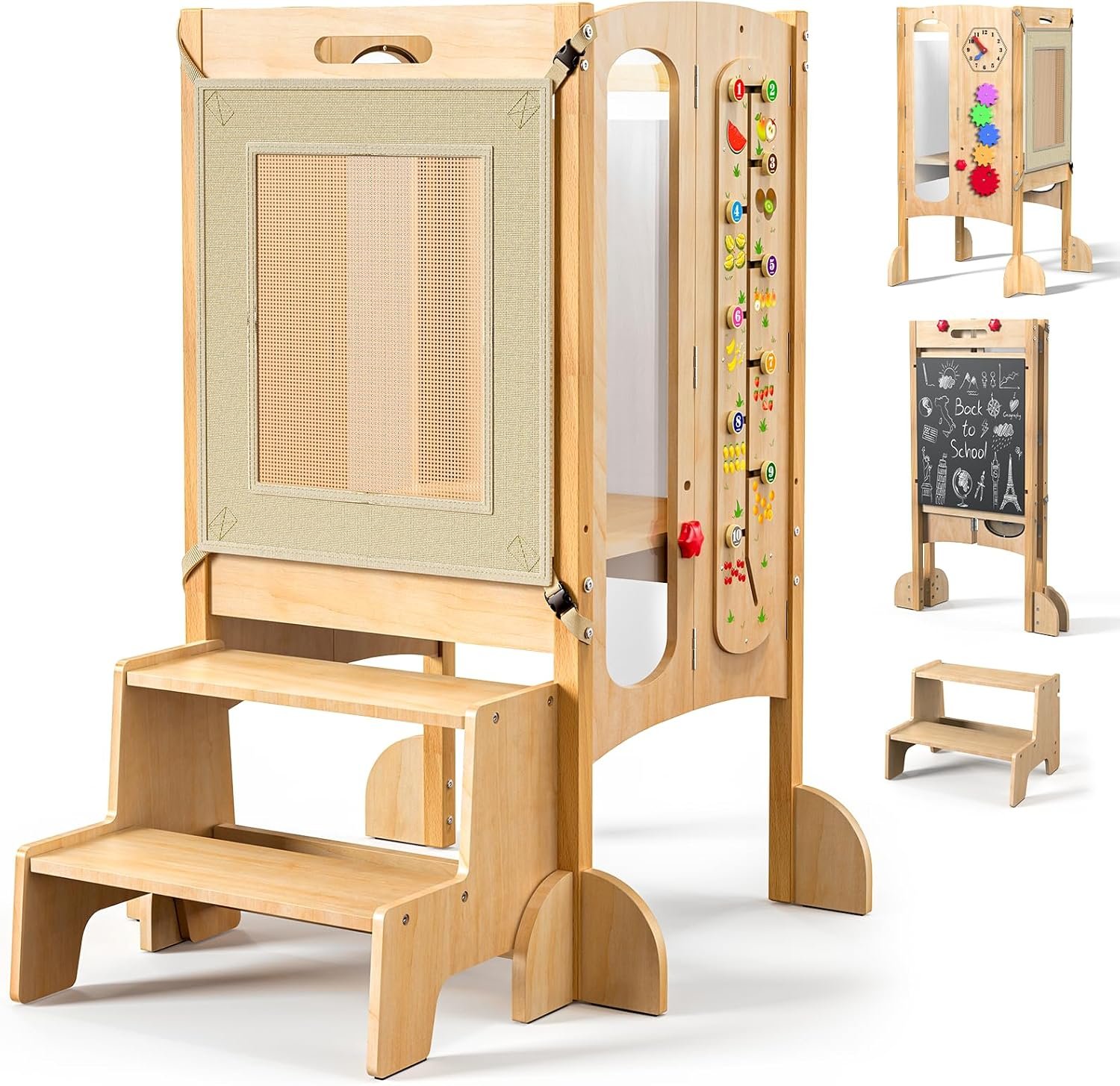 Foldable Toddler Tower, Kitchen Stool Helper with 2 Step Stool, Toddler Standing Tower for Kids with Safety Net, Adjustable Height, Chalk-Whiteboard &Montessori Activity Games