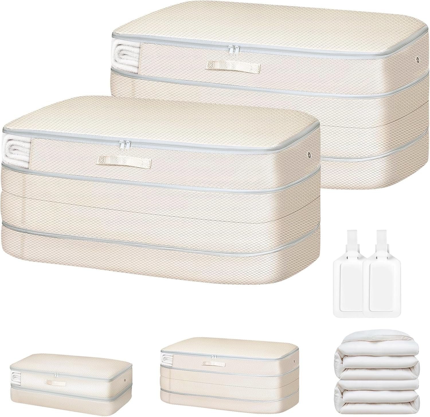 Comforter Storage Bag – Large Capacity Bedding Storage Bags Ultra Space Saving Self Compression Organizer, Washable Compression Bags for Storage Comforter Blanket Duvet Pillow, 2-Pack, Beige
