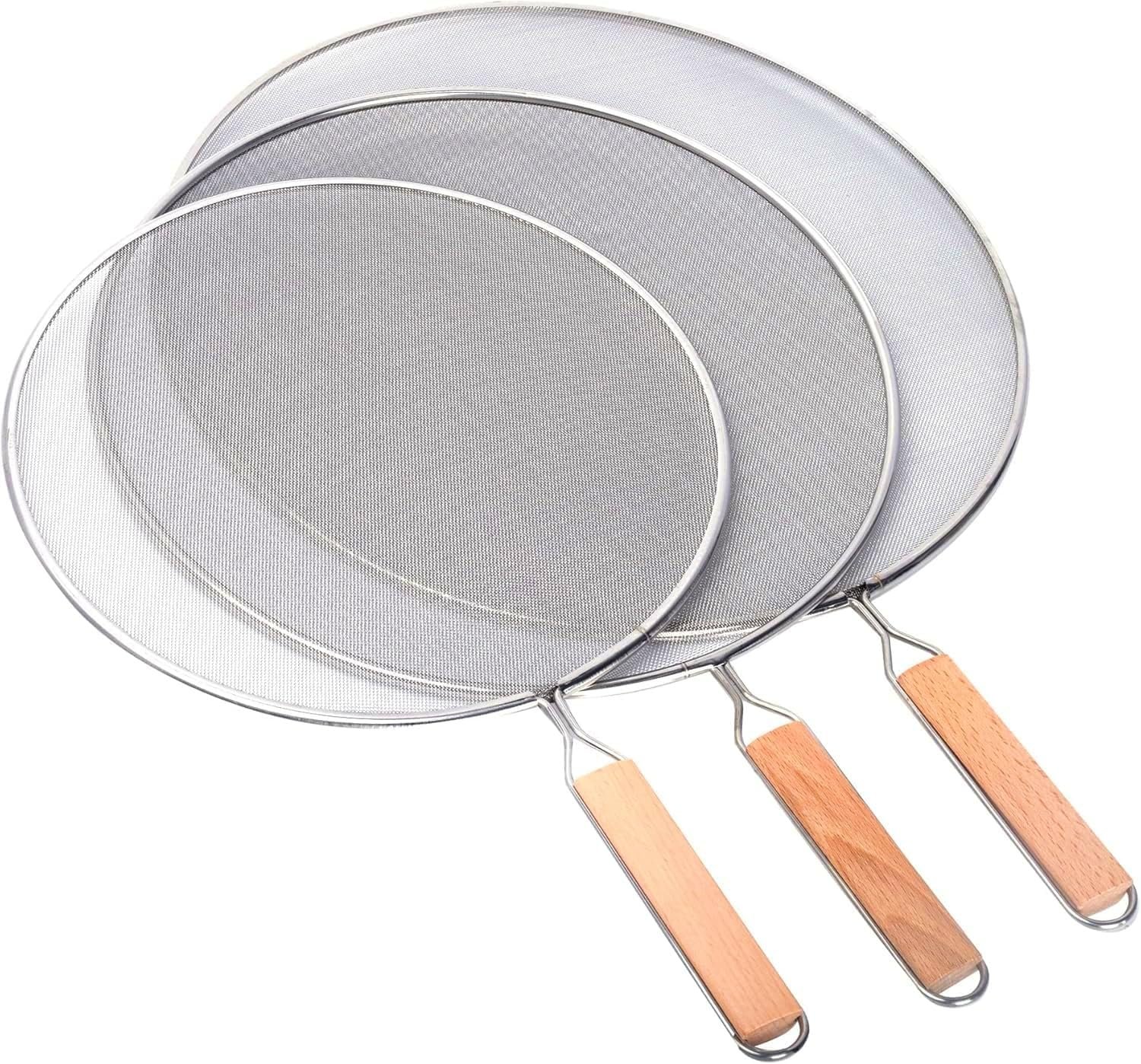 3 Pieces Grease Splatter Screen for Frying Pan, Splatter Guard Mesh Stainless Steel Grease Guard Shield for Kitchen Frying Pan Cooking Supplies Set of 9.44″, 10.8″ and 12.5″ inch (Wood Handle)