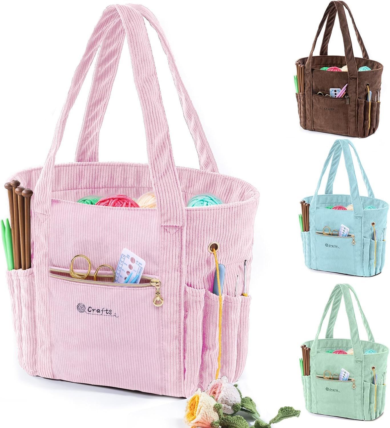 MYBAGZING Corduroy Crochet Bag 11.5″ Large Yarn Storage Tote with Grommets, Needle Holders – Knitting Bag Organizer for Crochet Hooks, Accessories, Tools & Projects –Gift for Knitters & Crafters