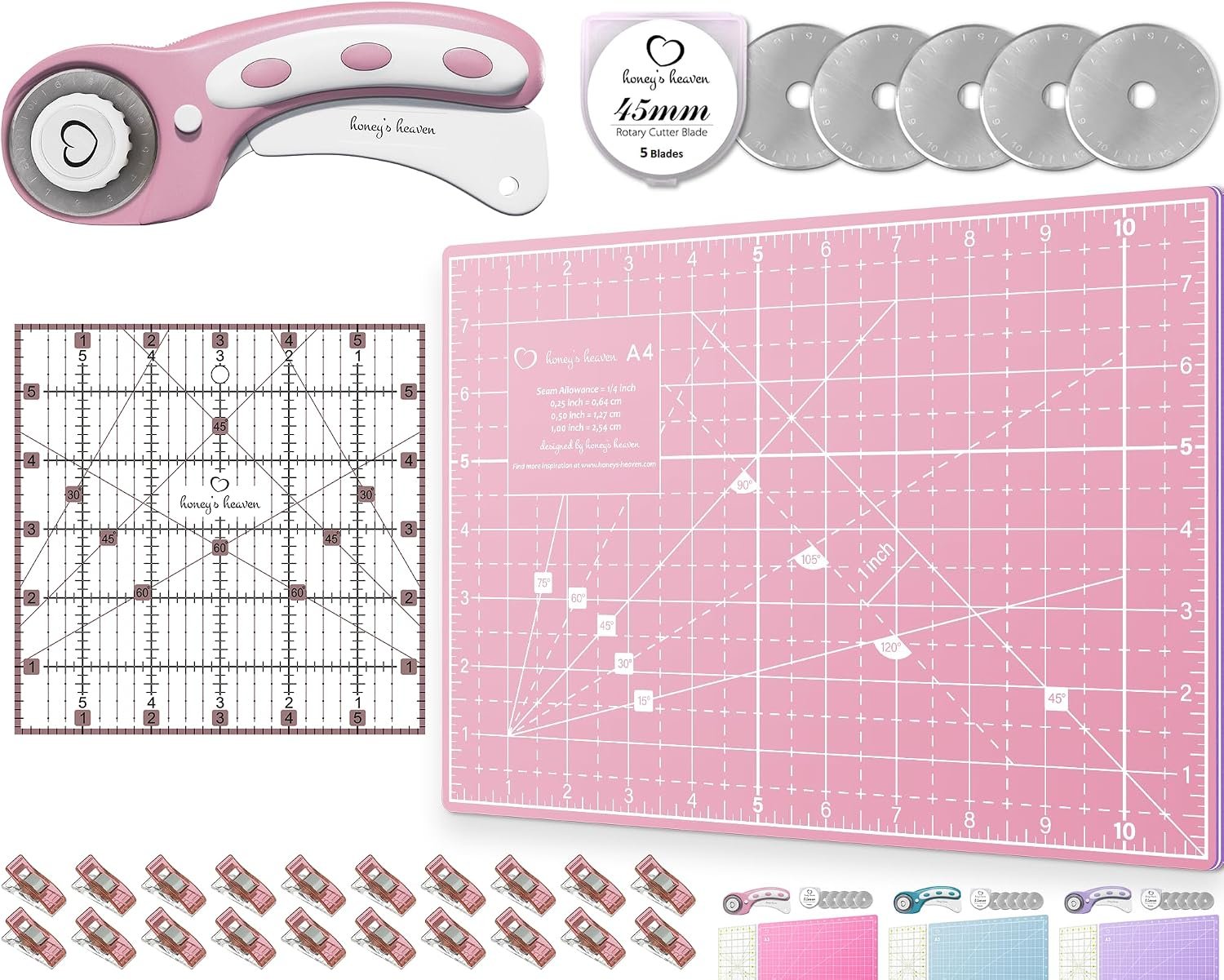 Rotary Cutter Set – Quilting Kit incl. 45mm Fabric Cutter, 5 Replacement Blades, A4 Cutting Mat, Acrylic Ruler and Craft Clips – Ideal for Crafting, Sewing, Patchworking, Crochet & Knitting (Pink, A4)