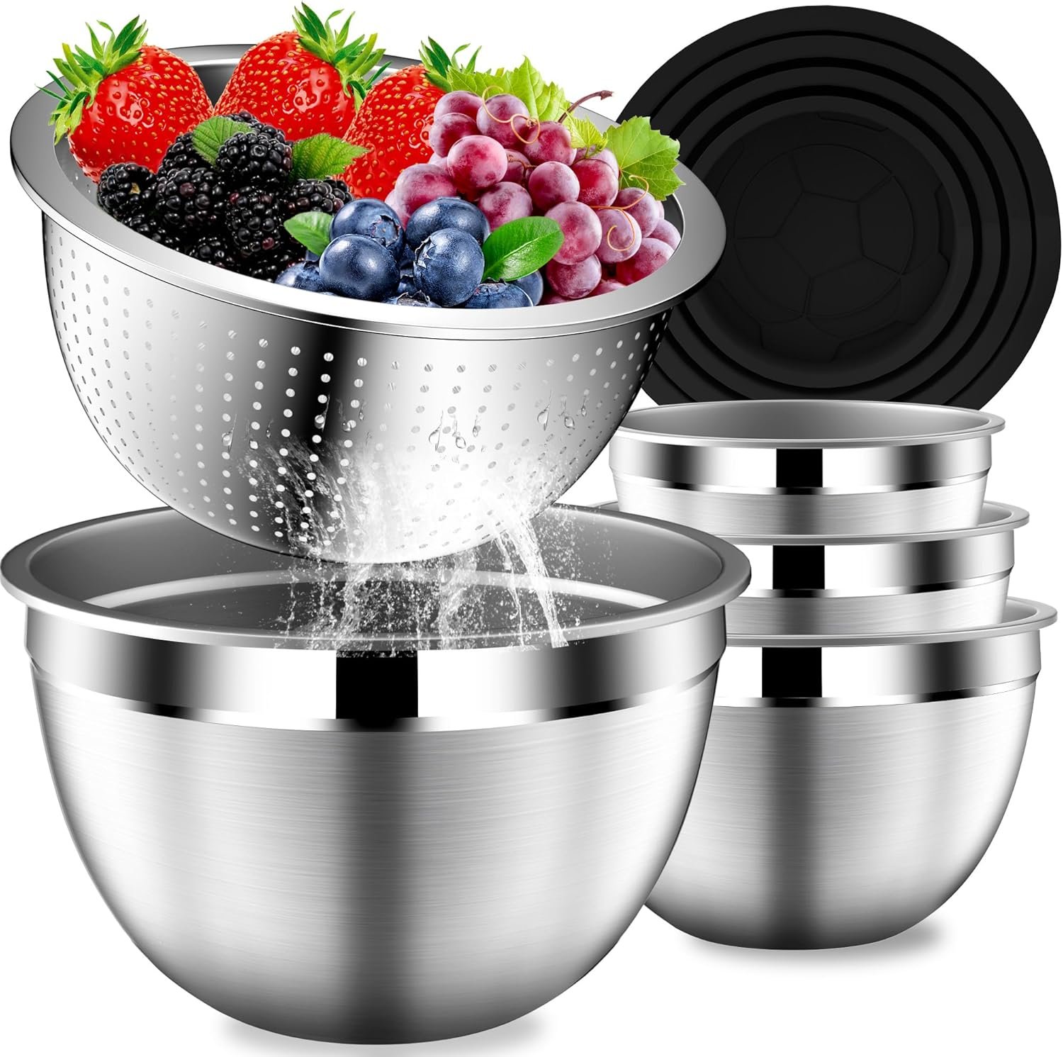 DUTZUN Mixing Bowls with Lids Set, Stainless Steel Mixing Bowls with Colander, Strainer with Mixing Bowl Set, Serving Bowl Kitchen Gift, Size 4.5, 2.5, 2, 1.5QT – Black