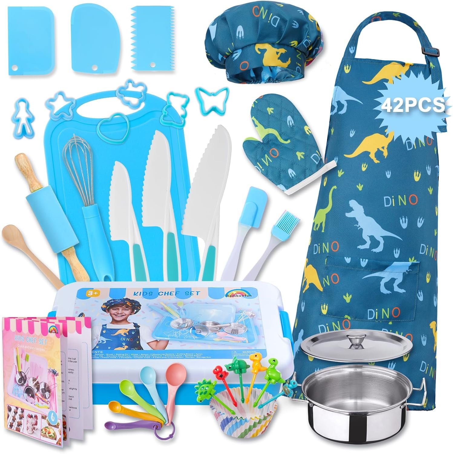 42-Piece Kids Cooking Set – Real Knife, Baking Set, Pots & Pans, Pretend Play Toys – Apron & Chef Hat for Boys