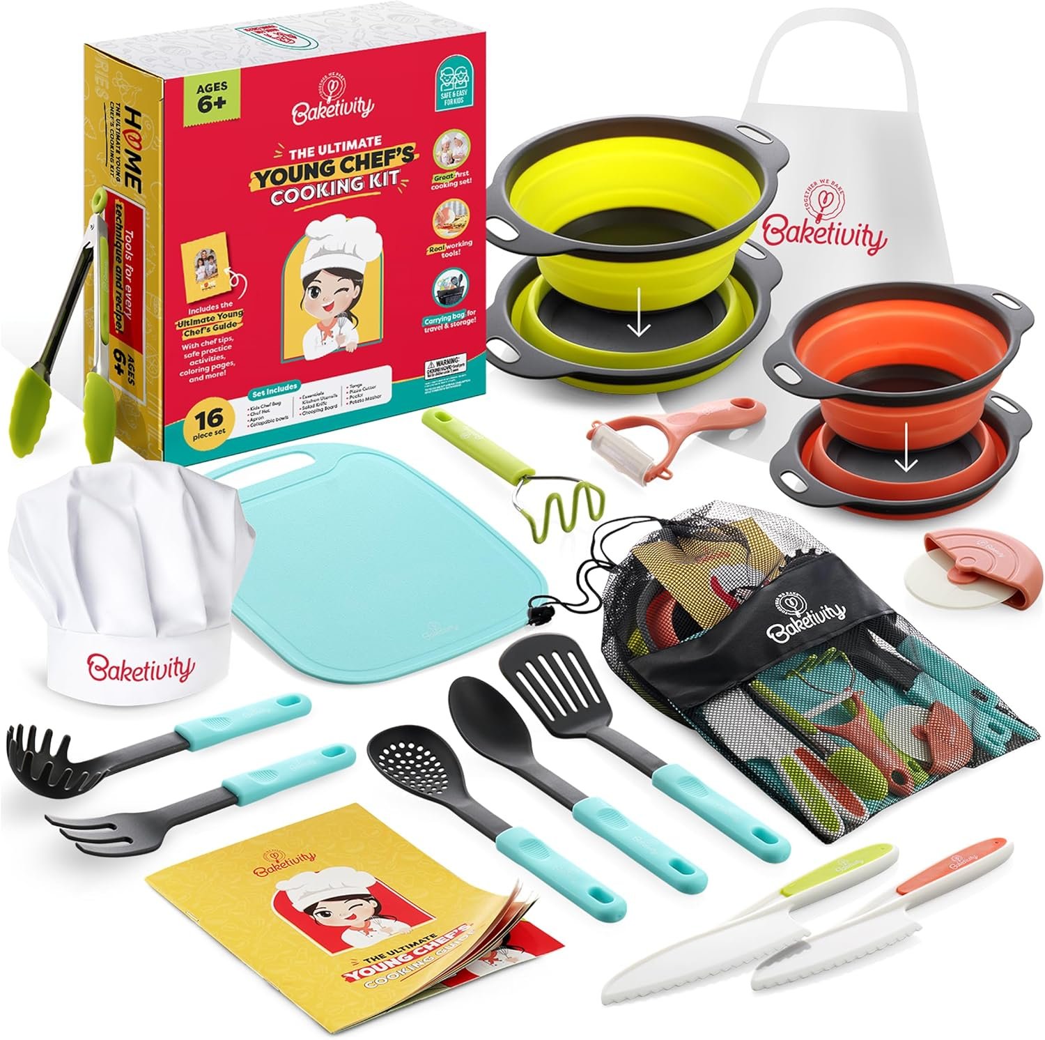 Baketivity Kids Cooking Set Real Utensils With Kitchen Tool Guide – Complete Junior Cooking Set Gift For Girls Or Boys With Mixing Bowls, Cutting Board, Knife, Apron – Kids Baking Set For Real Cooking