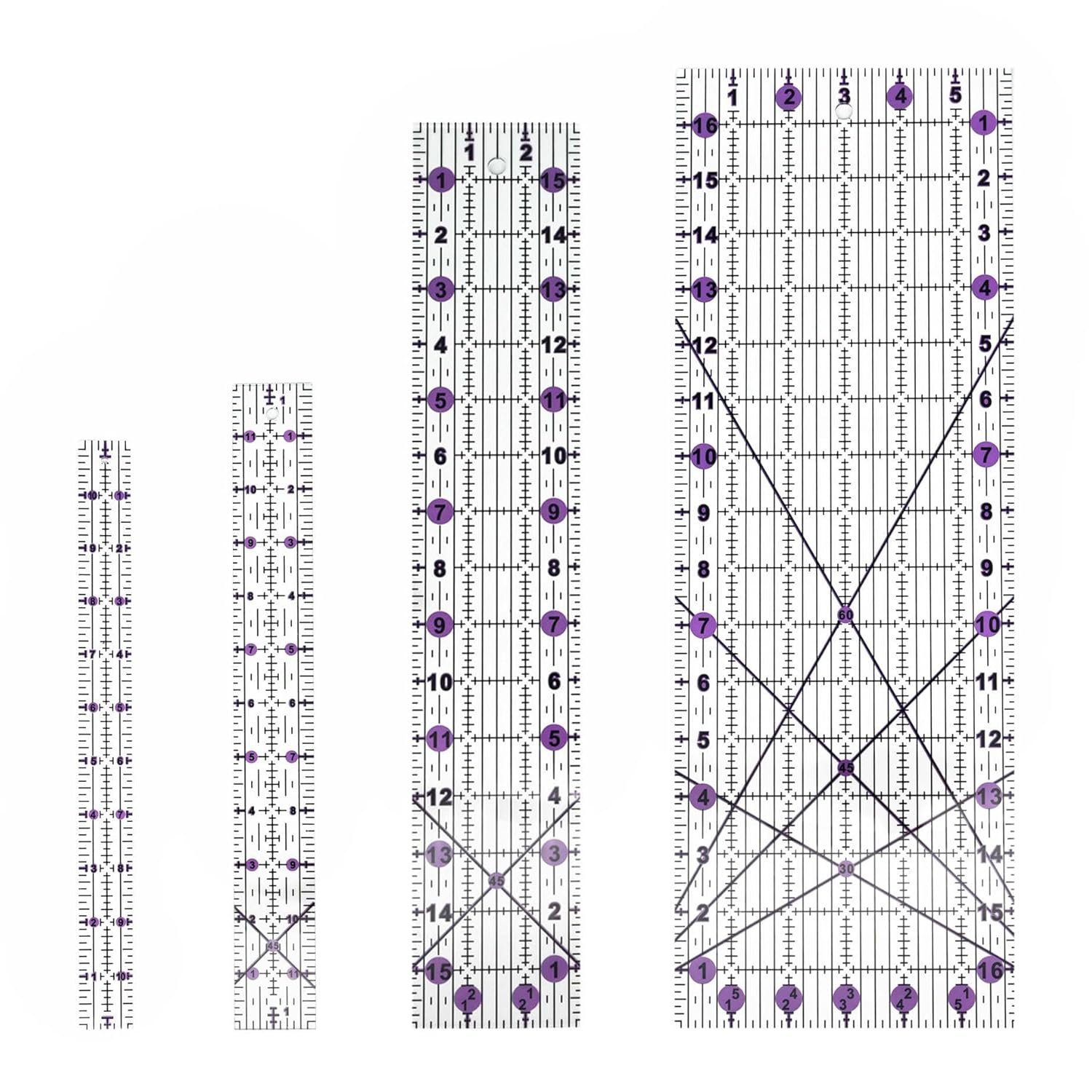 Quilting Rulers Sewing Ruler,Acrylic Quilting Ruler Templates,Precision Cutting Tools for Patchwork Fabric,Sewing Supplies Purple(6″X17″,3″X16″,1.5″X12″,1″X11″)