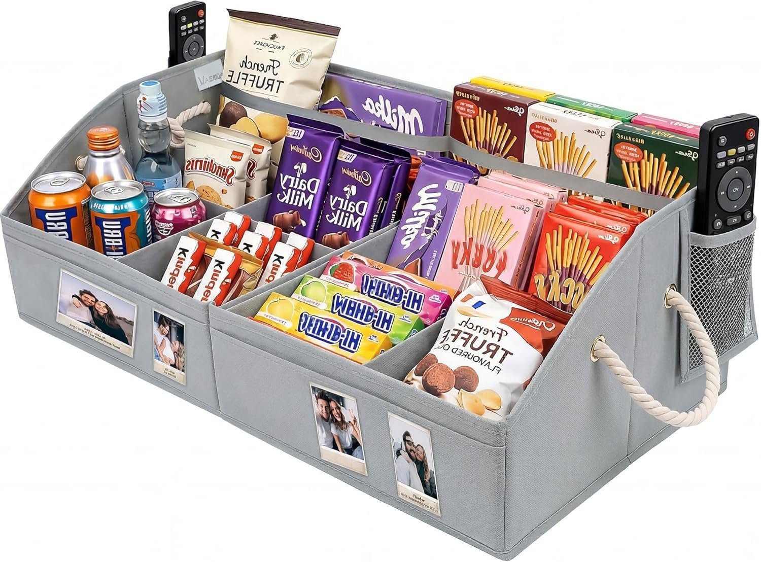 VAESIDA Large Snack Organizer for Countertop, Foldable Storage Basket with 8 Adjustable Compartments & Handles, 28” Snack Containers Box for Pantry, Snack Bar Station & Movie Night Supplies