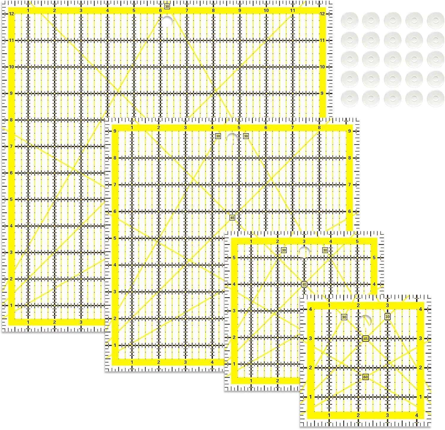 VPVPV 4 Piece Quilting Ruler,Acrylic Square Ruler,Quilting Templates,with Non Slip Rings 25 Pieces（4.5“X4.5”、6“X6”、9.5“X9.5”、12.5“X12.5”）