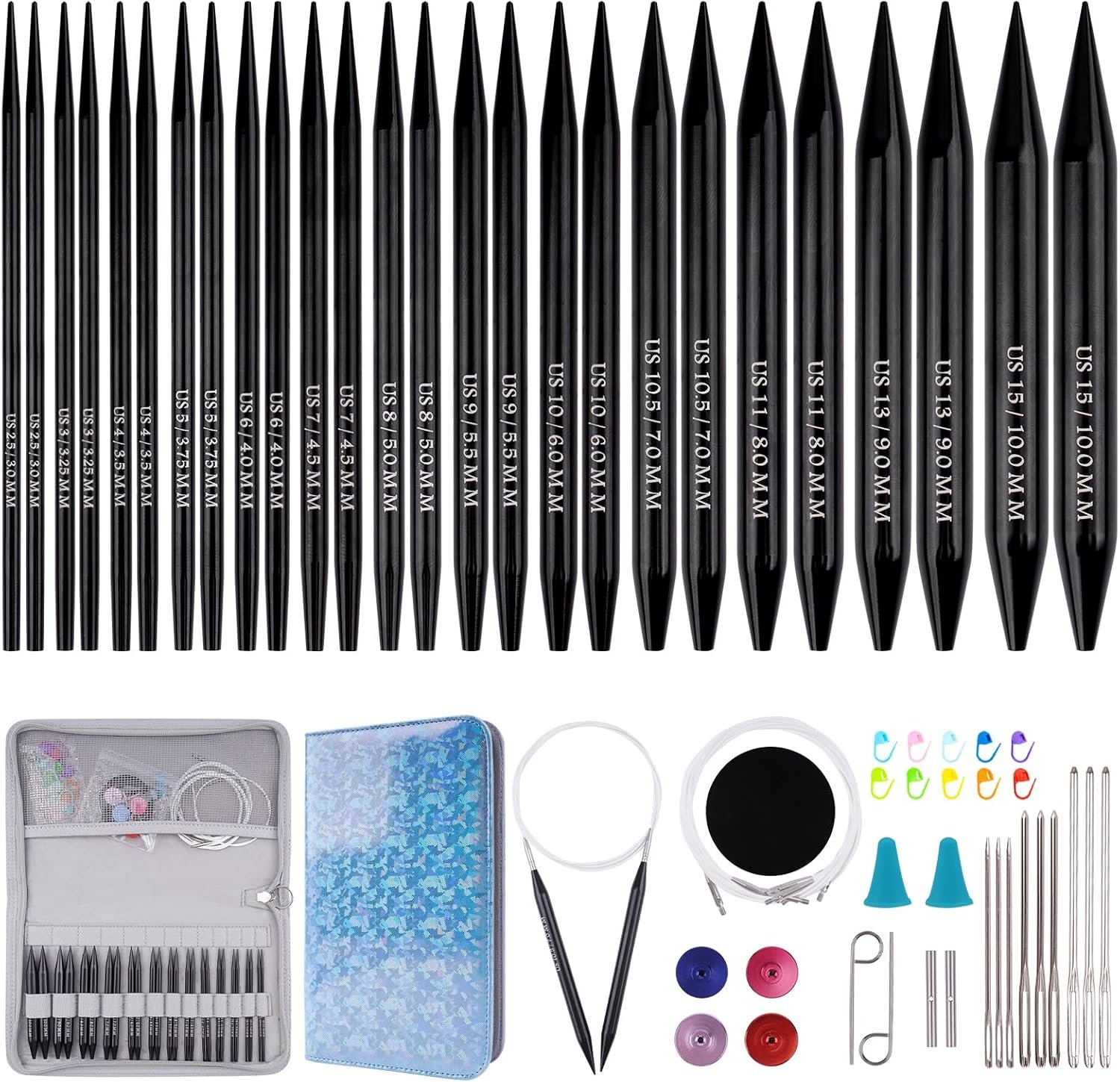 WAZAIGUR Interchangeable Aluminum Circular Knitting Needles Set, Knitting Needles Set, 3mm 3.25mm 3.5mm 3.75mm 4mm 4.5mm 5mm 5.5mm 6mm 7mm 8mm 9mm 10mm Knitting Needles, 13 Pairs