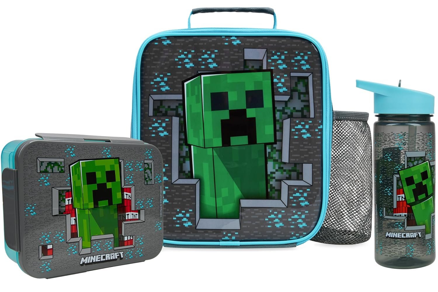Get Trend Minecraft Lunch Bag, Lunch Box, Water Bottle for Kids 3 Piece Set Bento Box, Insulated Snack Container, Creeper Gifts for Kids (Multi Minecraft)