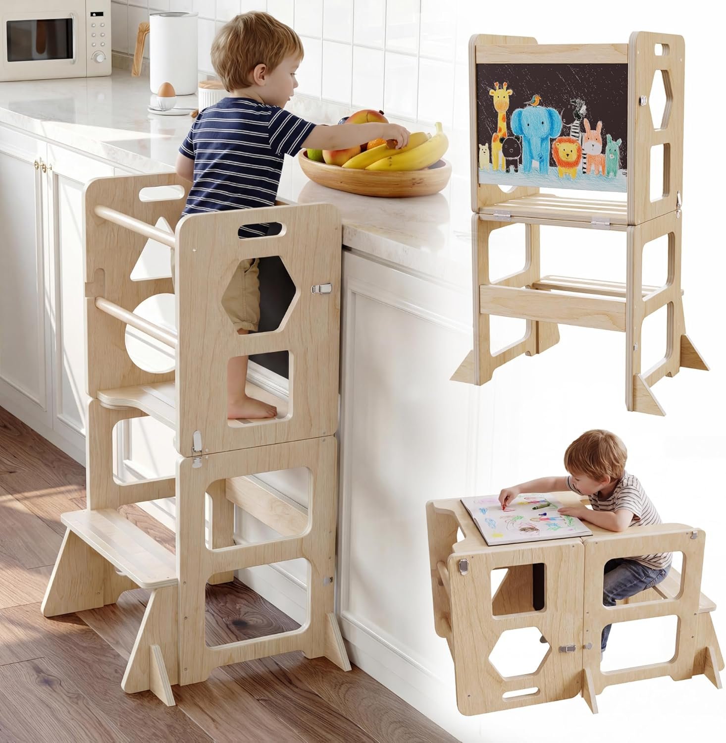 4-in-1 Toddler Kitchen Step Stool,Montessori Foldable Learning Standing Tower with Blackboard, Anti-tip Structure Design,Wooden Kitchen Step Helper Stool for 1-3 Year Old Boy Girl