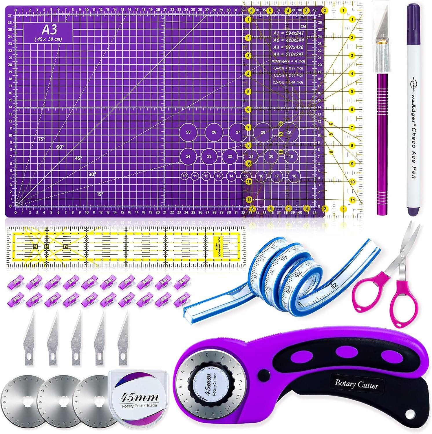 Nicecho Rotary Cutter Set,Sewing Quilting Supplies,45mm Fabric Cutters,A3 Cutting Mat for Sewing,Acrylic Rulers,Scissors,Exacto Knife,Clips,Beginners Sewing Accessories,Fabric Cutter Kit