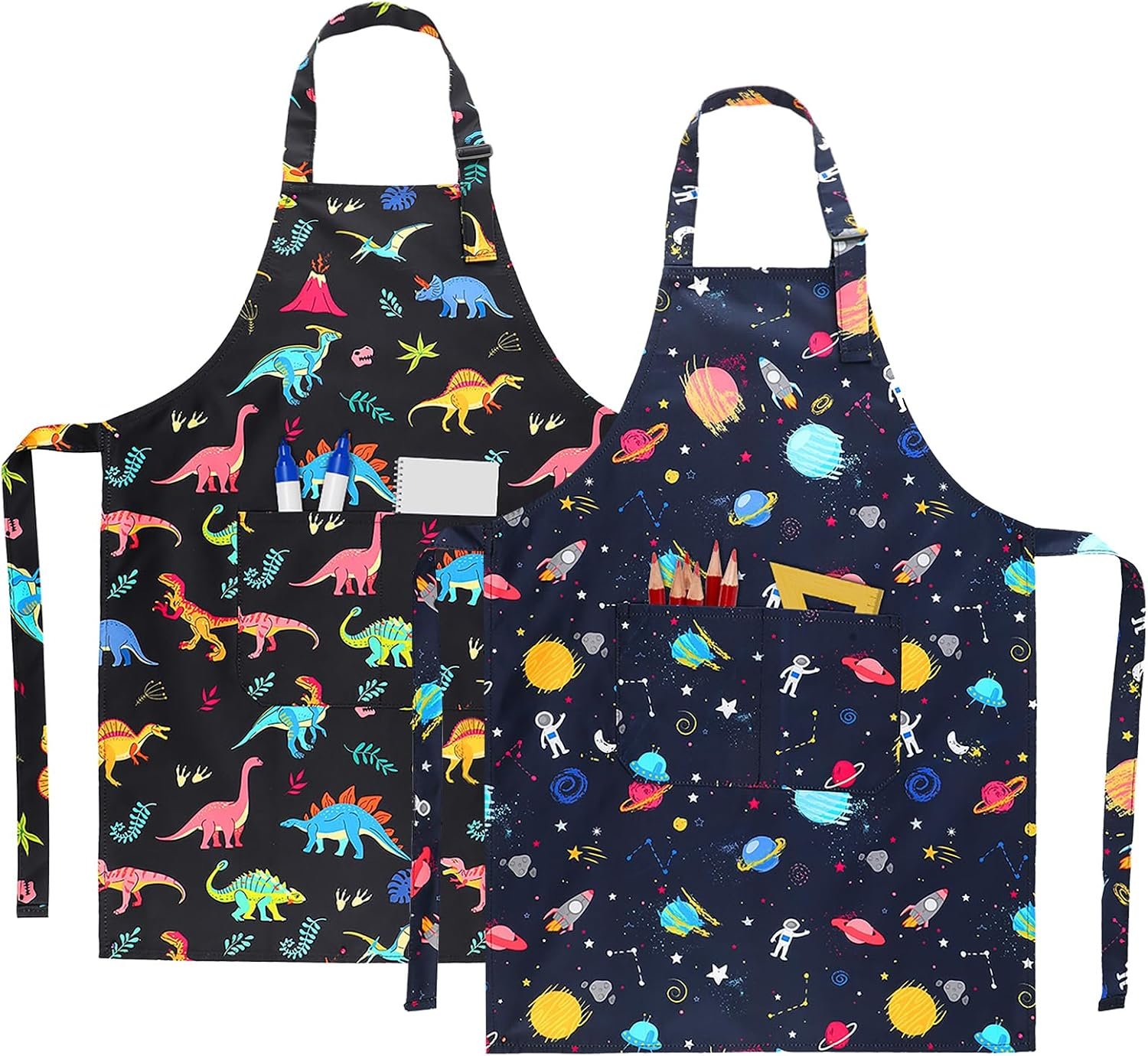 2 Pack Kids Apron, Cute Cooking Aprons, Waterproof Art Apron with Pockets, Toddler Painting Artist Apron Adjustable