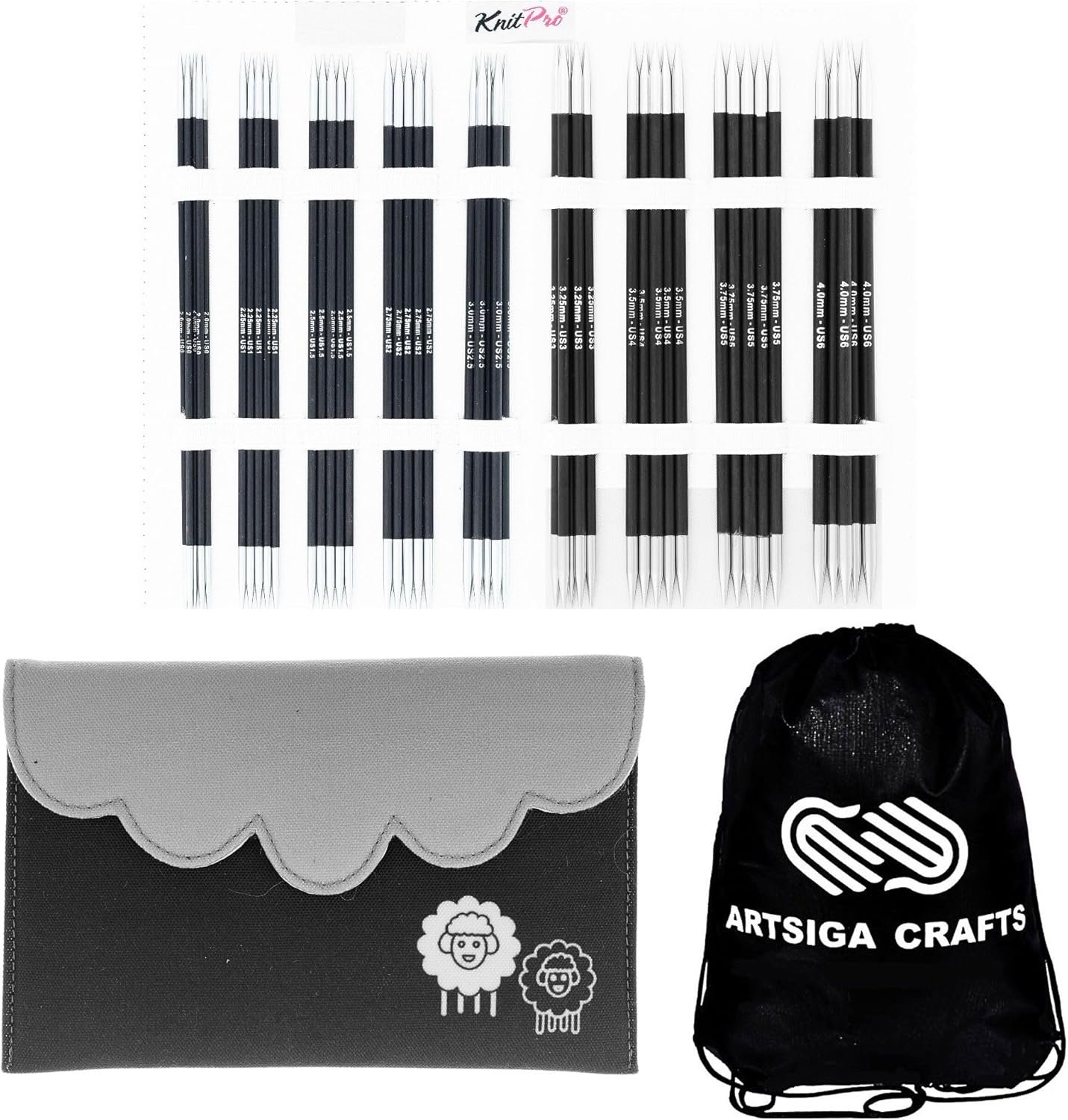 KnitPro Karbonz Deluxe Set 6 inch DPN Double Pointed Needles Size 0, 1, 1.5, 2, 2.5, 3, 4, 5, 6 with Fabric Case with Project Bag