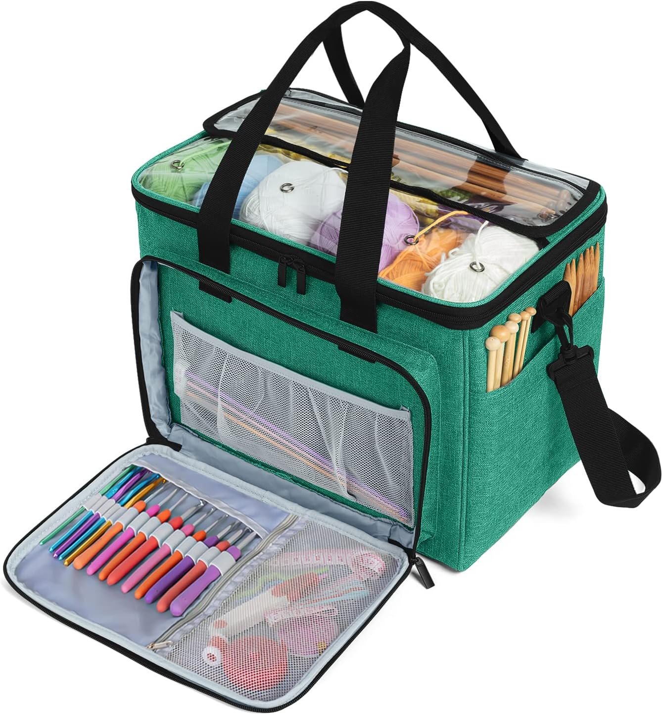 Teamoy Knitting Bag, Yarn Tote Organizer with Inner Divider (Sewn to Bottom) for Crochet Hooks, Knitting Needles(Up to 14″), Project and Supplies -No Accessories Included, Green