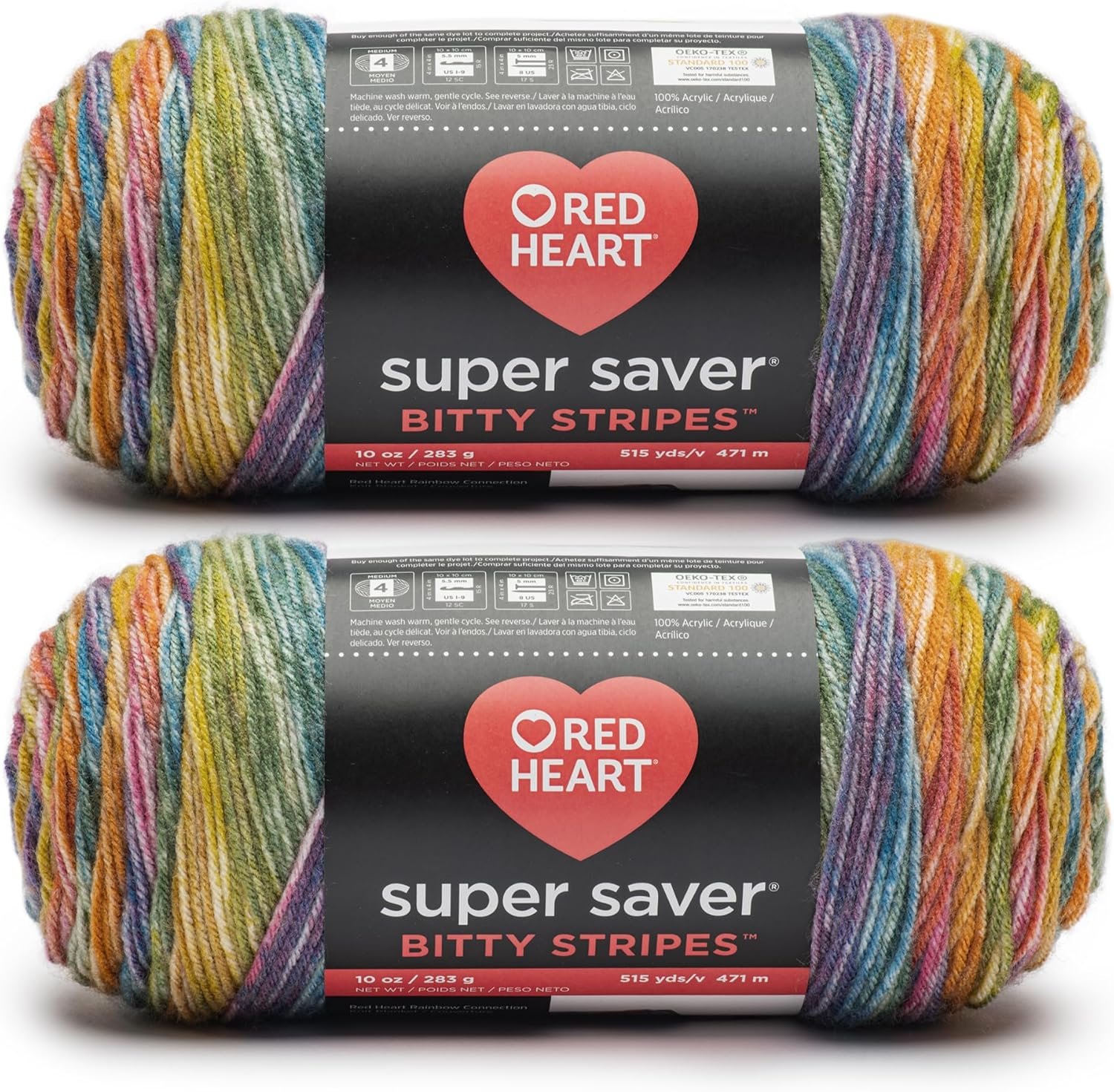 Red Heart Super Saver Bitty Stripes Rainbow Yarn – 2 Pack of 10oz/283g – 100% Acrylic – #4 Worsted (Medium) – 515 Yards – Knitting/Crochet
