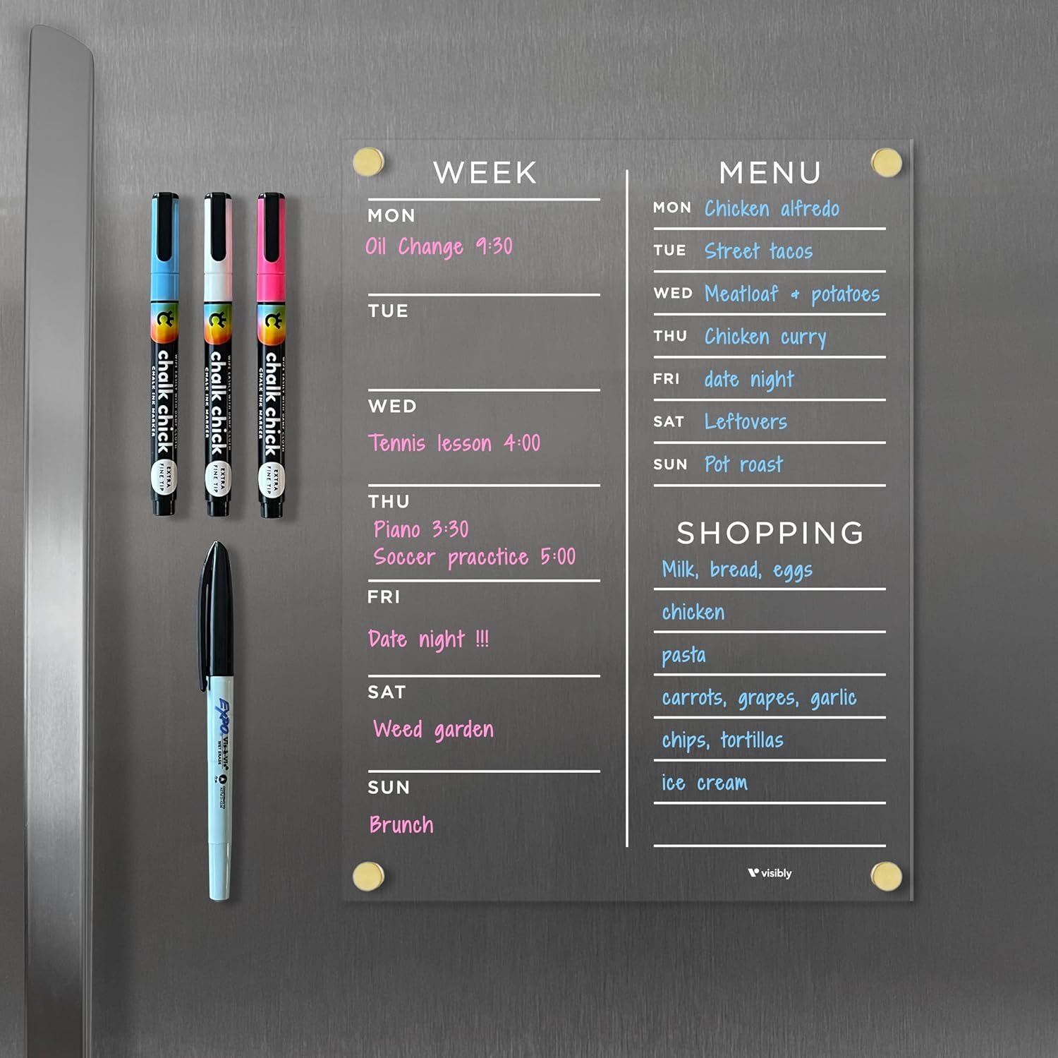 Magnetic Acrylic Meal Planner, Menu & Shopping List Board for Fridge, 9” x 12” Clear Refrigerator Organizer, Includes 4 Magnetic Wet-Erase Markers, Silver Corner Magnets