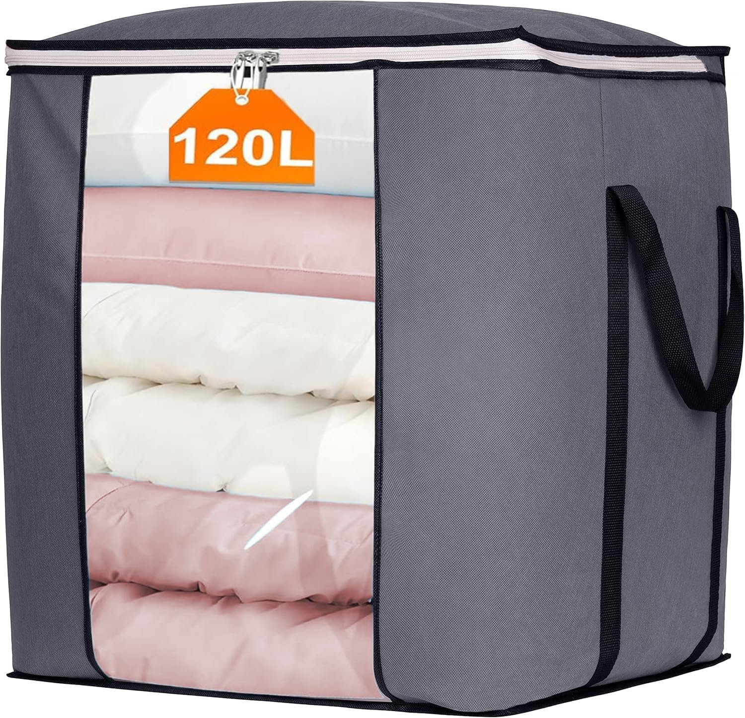 KEETDY 120L Extra Large Blanket Storage Bags Breathable Clothes Storage Containers with Reinforced Handles, Fabric Canvas Storage Bags for Beddings, Grey