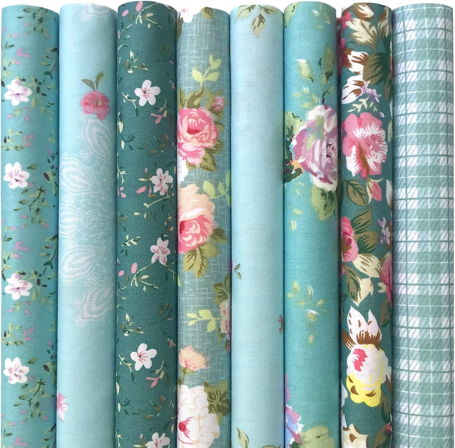 8Pcs 18×22 inch Cotton Fabric Green Floral Rose Fat Quarters Fabric Pre-Cut Quilt Squares for Patchwork Quilting and DIY Sewing Projects