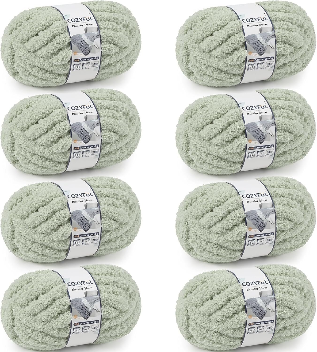 Cozyful Chunky Yarn for Hand Knitting – #10 Chunky Chenille Yarn, Jumbo Big Thick Chunky Yarns for Crocheting, Super Bulky Chunky Knit Blanket Yarns, 8 Skein (22 yds 8 oz Each Skein), Sage Green