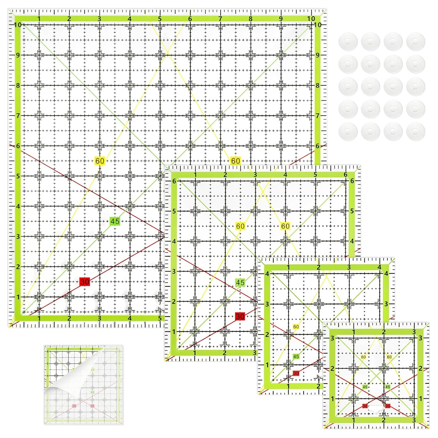 Quilting Rulers, 4-Piece Acrylic Square Template Set with Non-Slip Rings and Clear Grid Lines for Precise Fabric Cutting, Sewing & Patchwork (3.5”x3.5”, 4.5”x4.5”, 6.5”x6.5”, 10.5”x10.5”, Green)