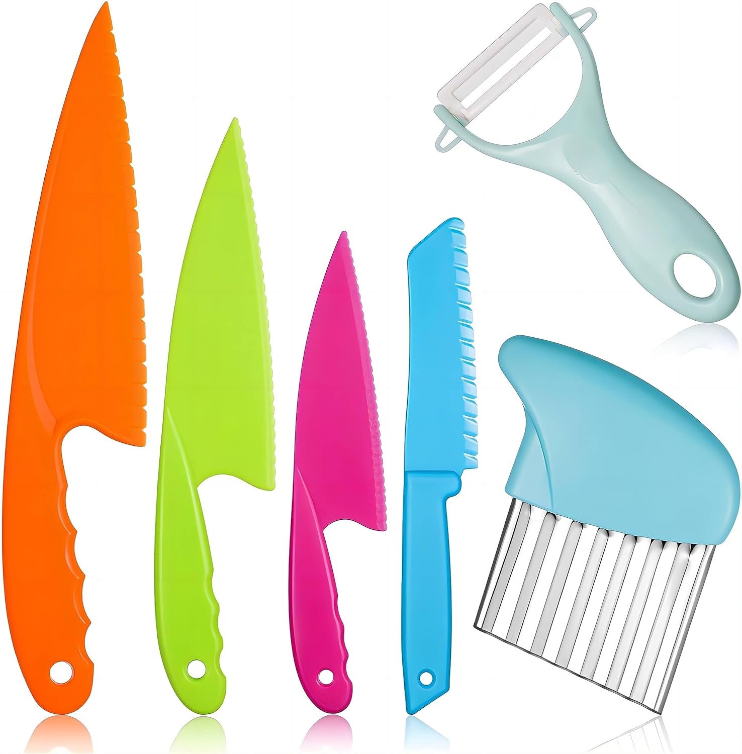 6Pcs Kids Plastic Knives Set with Slicing Knife & Paring Knife – Child Safety Kitchen Knives in 4 Sizes for Vegetables, Fruits, and Salad (BPA-Free, Non-Slip Handle)