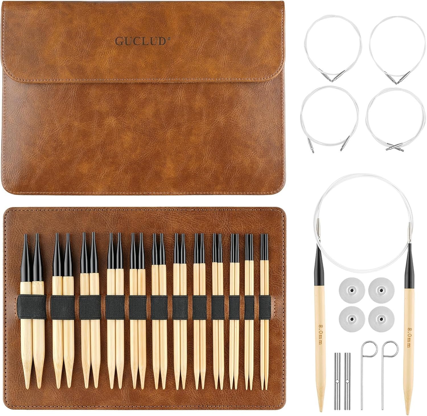 Guclud Bamboo Knitting Needles Set, 5-Inch Interchangeable Circular Knitting Needles US 4-15 (3.5-10mm),12 Pairs of Hand-Polished Circular Needles, 4 Cables, Accessories & Case (Black Tip)
