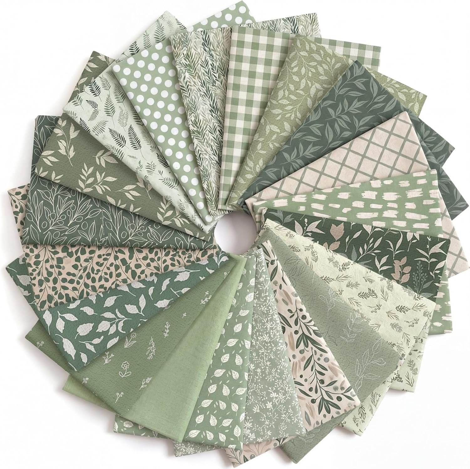 HunnmingRe 20 Pcs 10”x10” Sage Green Quilting Fabric Square Greenery Precuts Quilted Fabric Bundle Gingham Polka Dot Spring Leaves Printed Sewing Material for Holiday Patchwork DIY Craft Supplies