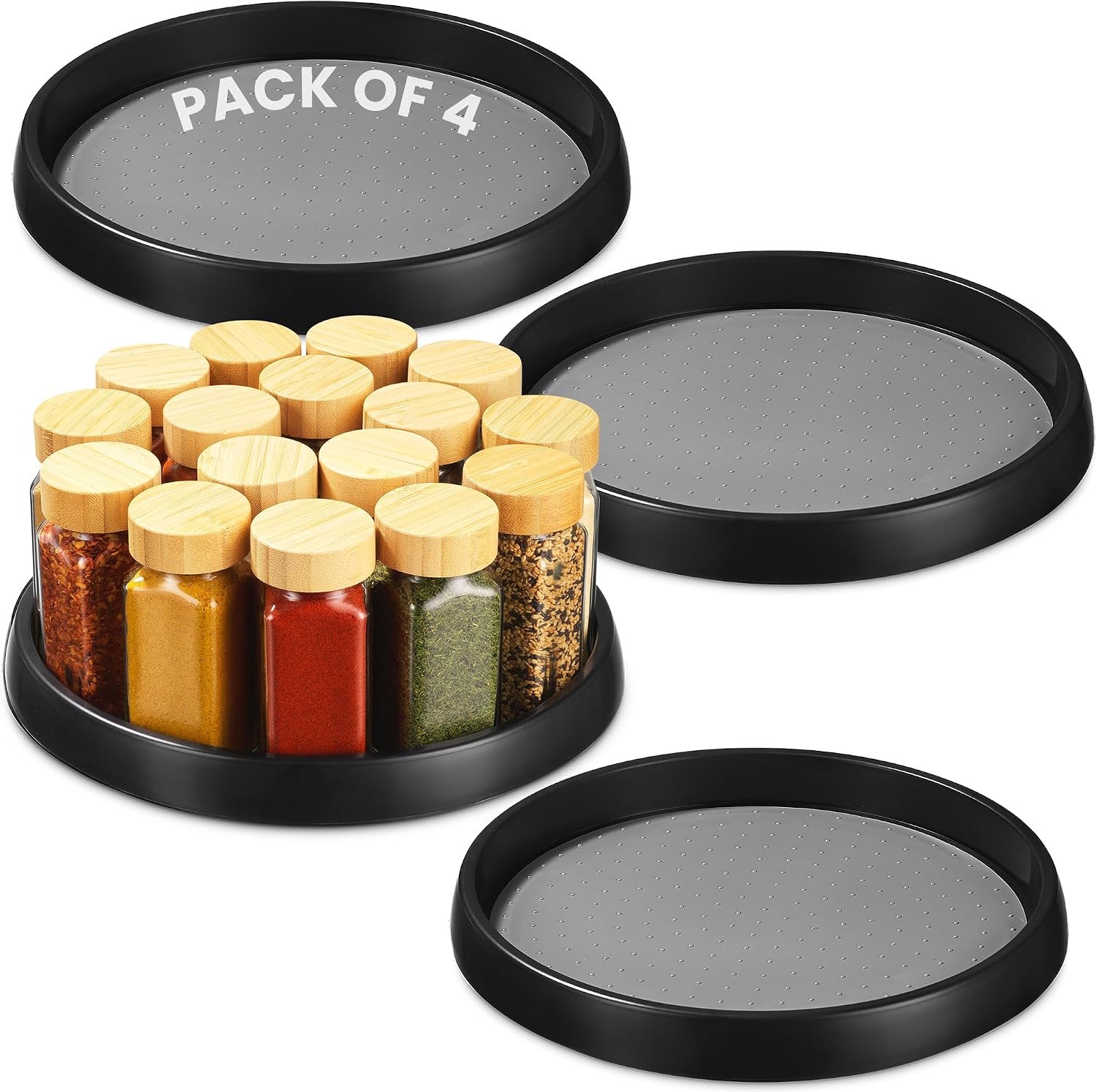 Oizeir 10 Inch Lazy Susan (Set of 4) – Non-Skid Turntable for Cabinet to Maximize Storage and Simplify Accessibility in Kitchen, Bathroom, and Pantry Spaces (Black)