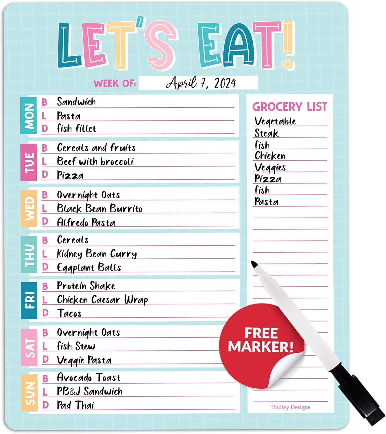 Hadley Designs Weekly Meal Planner for Fridge – Dinner Menu Board for Kitchen, Colorful Weekly Menu Board Dry Erase, Dry Erase Meal Planner for Fridge
