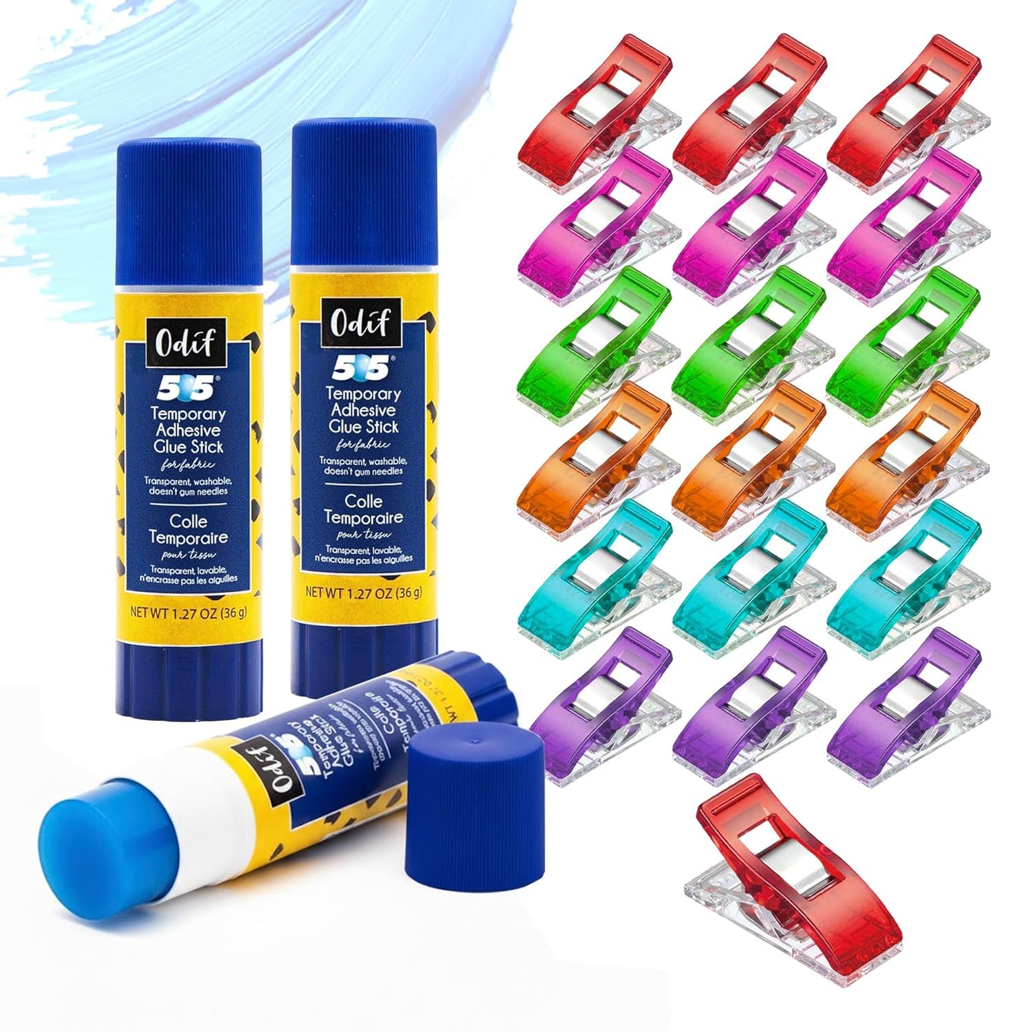 505 Temporary Fabric Glue Sticks (3-Pack) with 20 Pixiss Fabric Clips – Perfect for Sewing, Quilting, Appliqué, and Crafting Projects – Repositionable Adhesive for Fabrics, Fast Drying