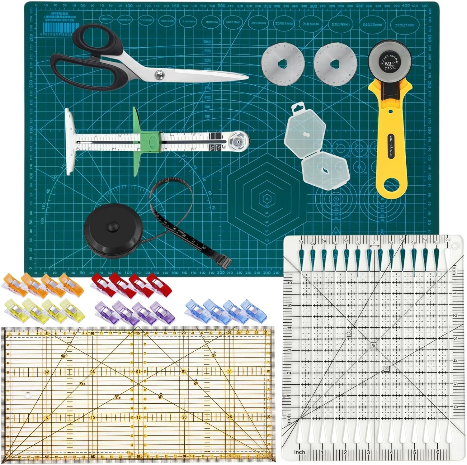 30 Pcs Rotary Cutter Set – 45mm Rotary Cutter Kit with A3 Cutting Mat, Fabric Scissors 3 Replacement Blades, 2 Quilting Rulers, Sewing Clips – Perfect for Fabric Cutting, Patchwork,Quilting,Sewing
