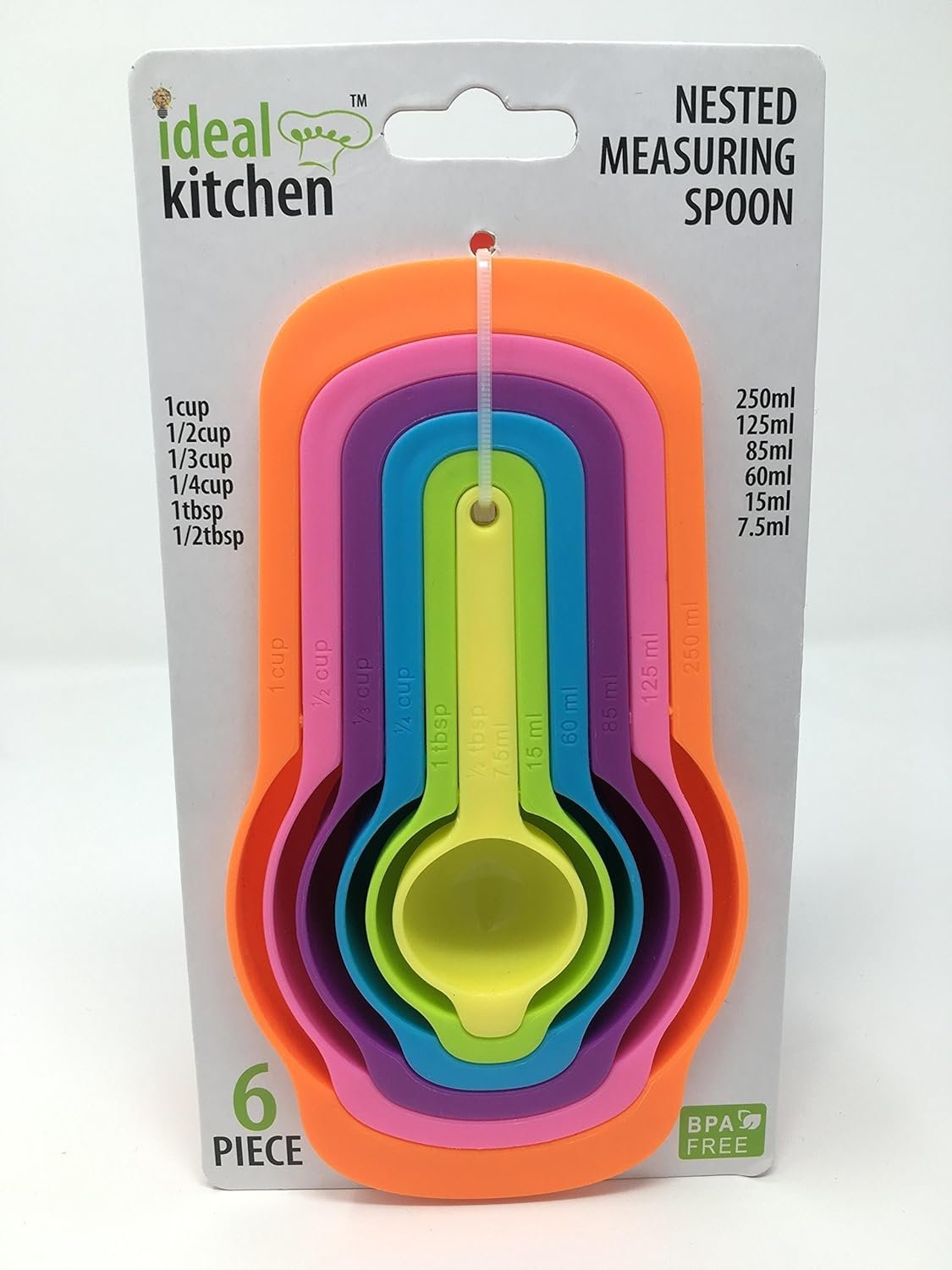 Set of 6 Measuring Cups and Spoons – Space Saving Design – Colorful – Includes: 1/2 Tbls, 1 Tbls, 1/4 cup, 1/3 cup, 1/2 cup, 1 cup – Durable Plastic – Easy to Clean – Dishwasher Safe (Random color)