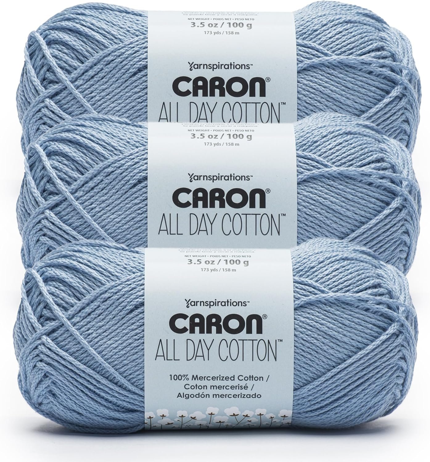 Caron All Day Cotton – 3 Pack of 173 Yards/3.52 oz Eyes Blue 100% Mercerized Cotton Yarn