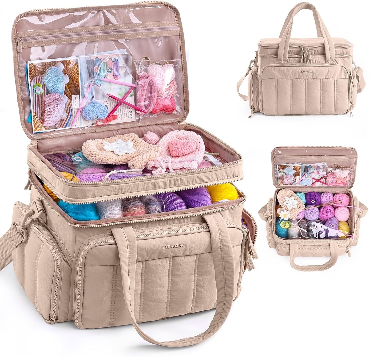 MYBAGZING Large Knitting & Crochet Bag Organizer for Yarn Storage, Double-Layer Knitting Project Bag with 6 Grommets, Yarn Organizer Tote for Knitting Supplies Crochet Hooks & Accessories Gift for Mom
