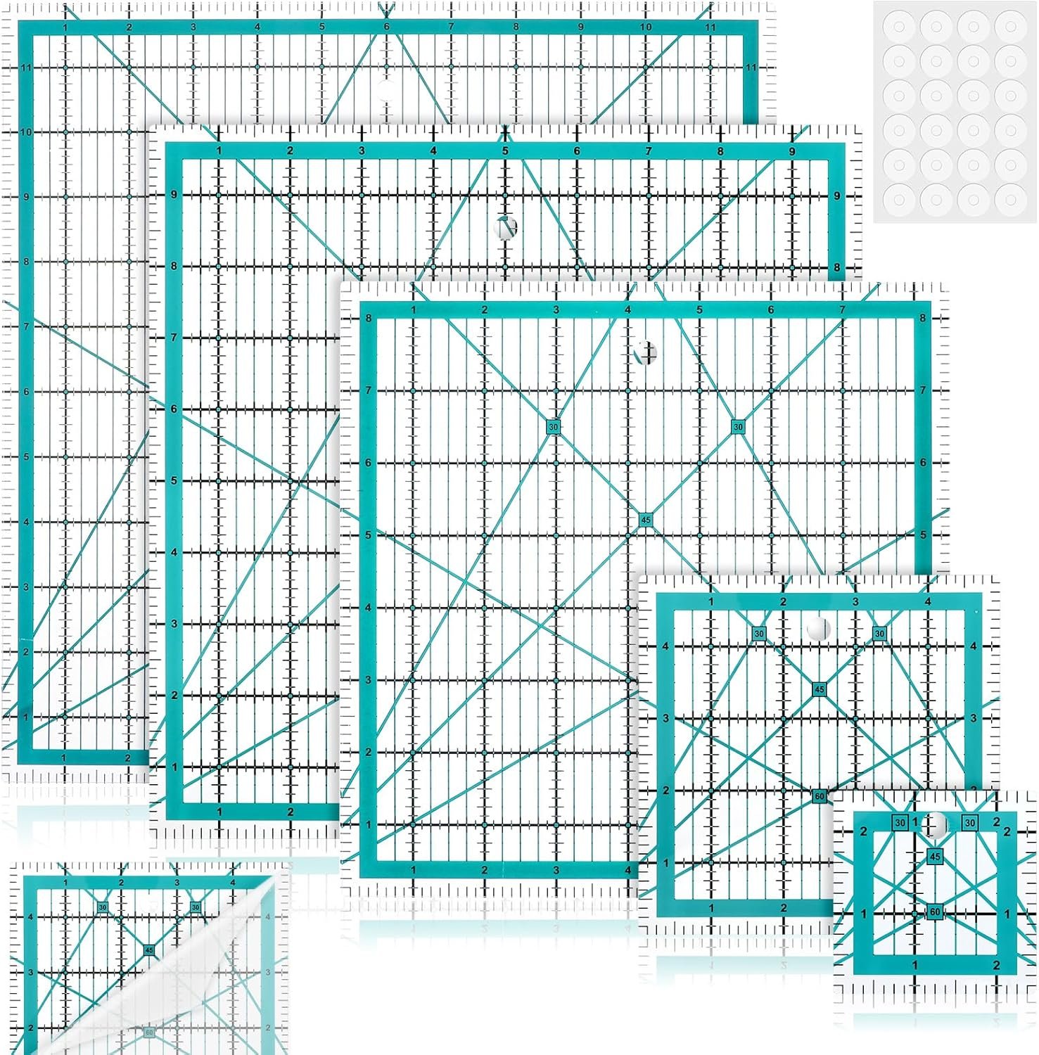 5 Pcs Quilting Rulers, 2.5” 5” 8.5” 10” 12” Square Acrylic Sewing Ruler Blue Quilting Templates with Non-Slip Ring for Sewing, Cutting, DIY