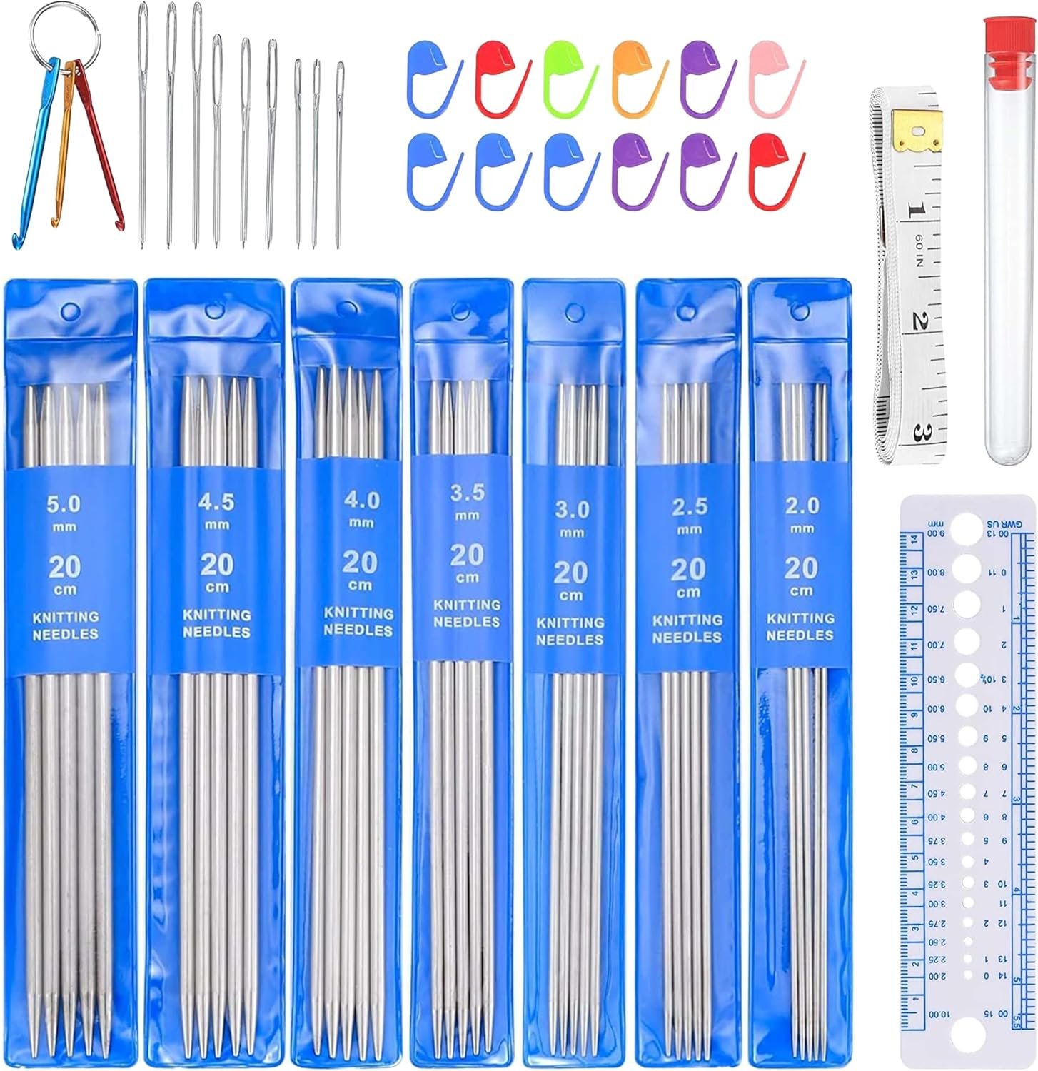 woshilaoDS 35pcs Double Pointed Knitting Needle Sets, 20 cm/7.8 inch Stainless Steel Metal Knitting Needles with Double Ended for Beginner, Sock Knitting Gauge 2 mm/2.5 mm/3 mm/3.5 mm/4 mm/4.5 mm/5 mm