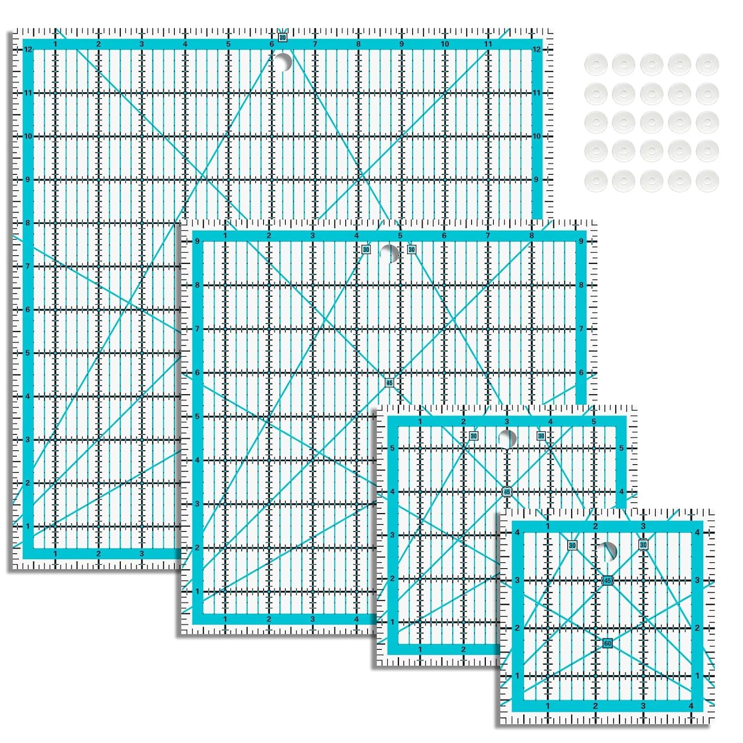 Quilting Rulers, Acrylic Quilt Ruler,4 Square Fabric Cutting Ruler (4.5″”X4.5″”, 6″”X6″”, 9.5″”X9.5″”, 12.5″”X12.5″”), Quilting Templates with Non Slip Rings. (Blue)