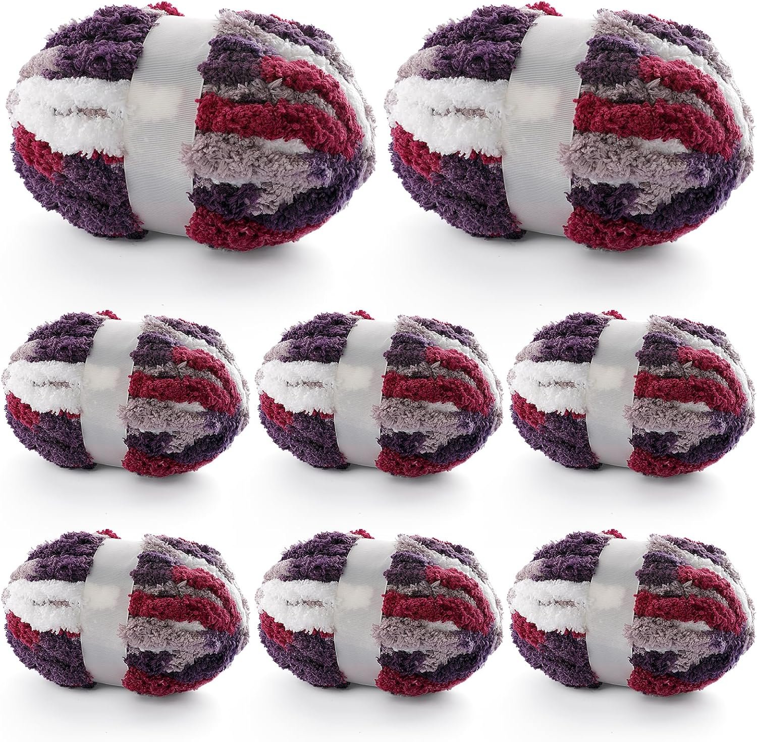 8 Pcs Chunky Yarn for Hand Knitting – Chunky Chenille Yarn for Crocheting – Fluffy Yarn for Crochet – Jumbo Yarn for Hand Knitting 200 yds 61.6 oz of Super Bulky Yarn (Burgundy-Grey-White)
