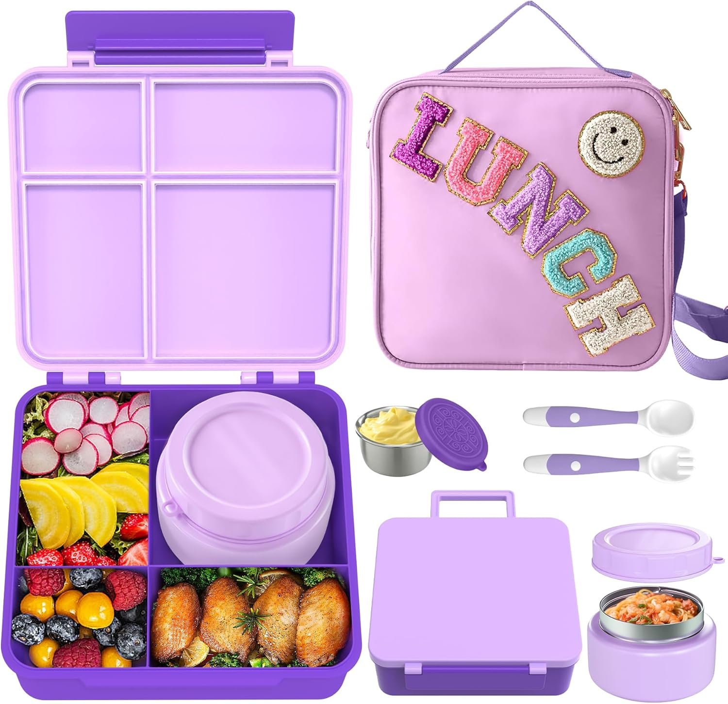 Aimsnk Kids Bento Lunch Box with 8oz Soup Thermo, Kids Leakproof Lunch Food Containers with 4 Compartment,Insulated Hot Food Jar with Lunch Bag for School, Travel (Purple)