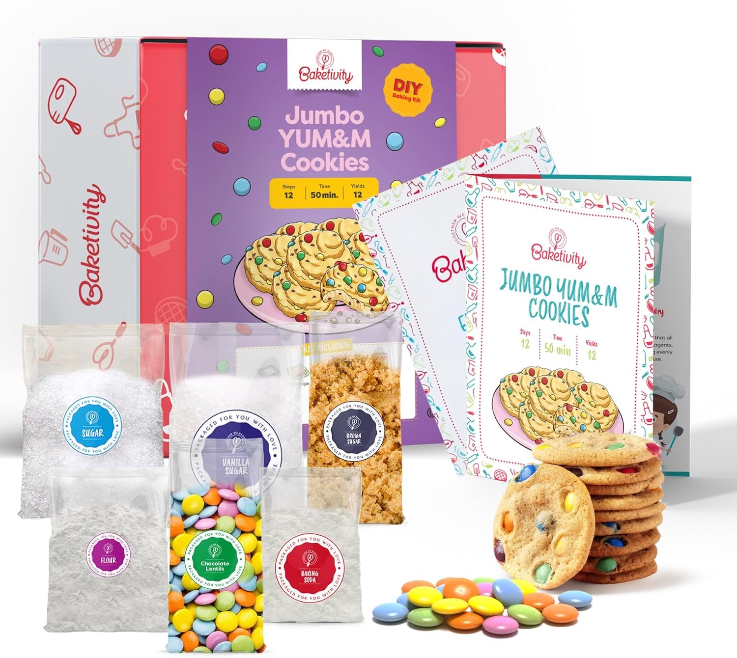 BAKETIVITY Kids Baking DIY Activity Kit – Bake Delicious Yum&m Jumbo Cookies- Real Fun Little Junior Chef Essential Kitchen Lessons, Includes Pre-Measured Ingredients and Easy to Follow Recipe.