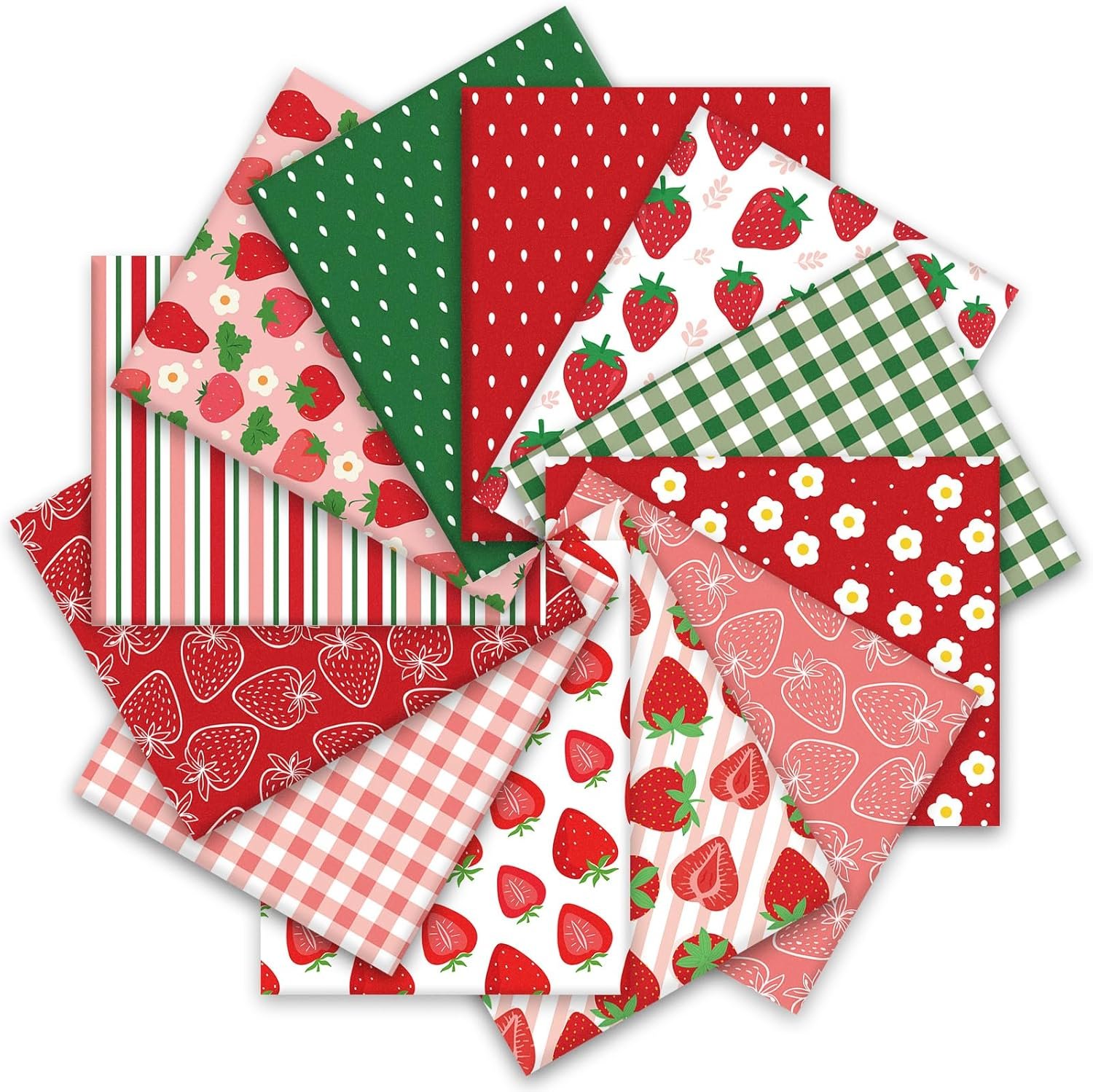 JarThenaAMCS 12 Pcs Strawberry Cotton Fabric Bundles 18 x 22 Inch Strawberry Flower Plaid Fat Quarters Spring Summer Red Green Sewing Fabrics for DIY Craft Party Decor